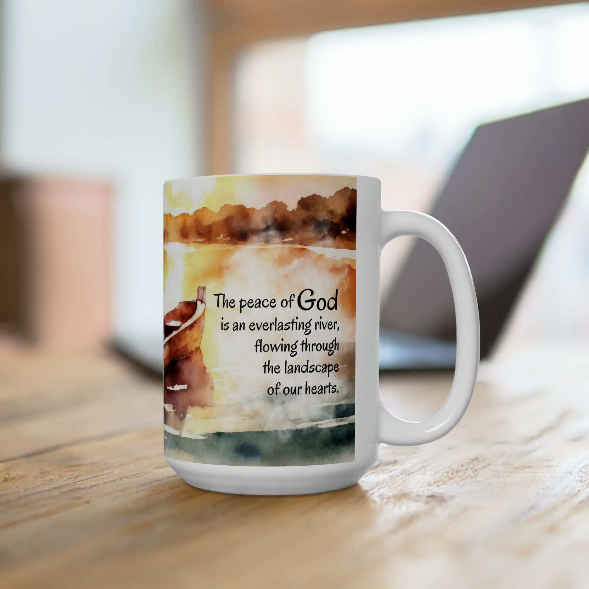 Ceramic mug with Peace of God - Everlasting River illustration, perfect for hot and cold beverages, featuring a comfortable C-handle.