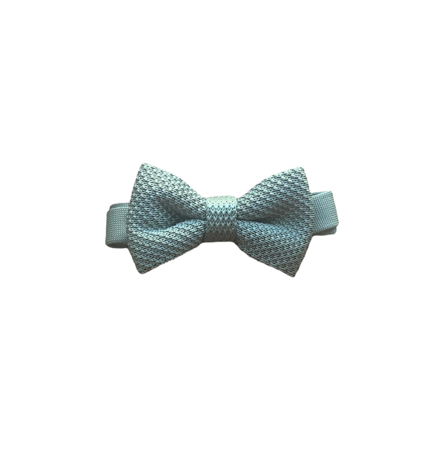 Children's sage green knitted bow tie with a stylish design, perfect for ages 2-11, made from comfortable polyester material.