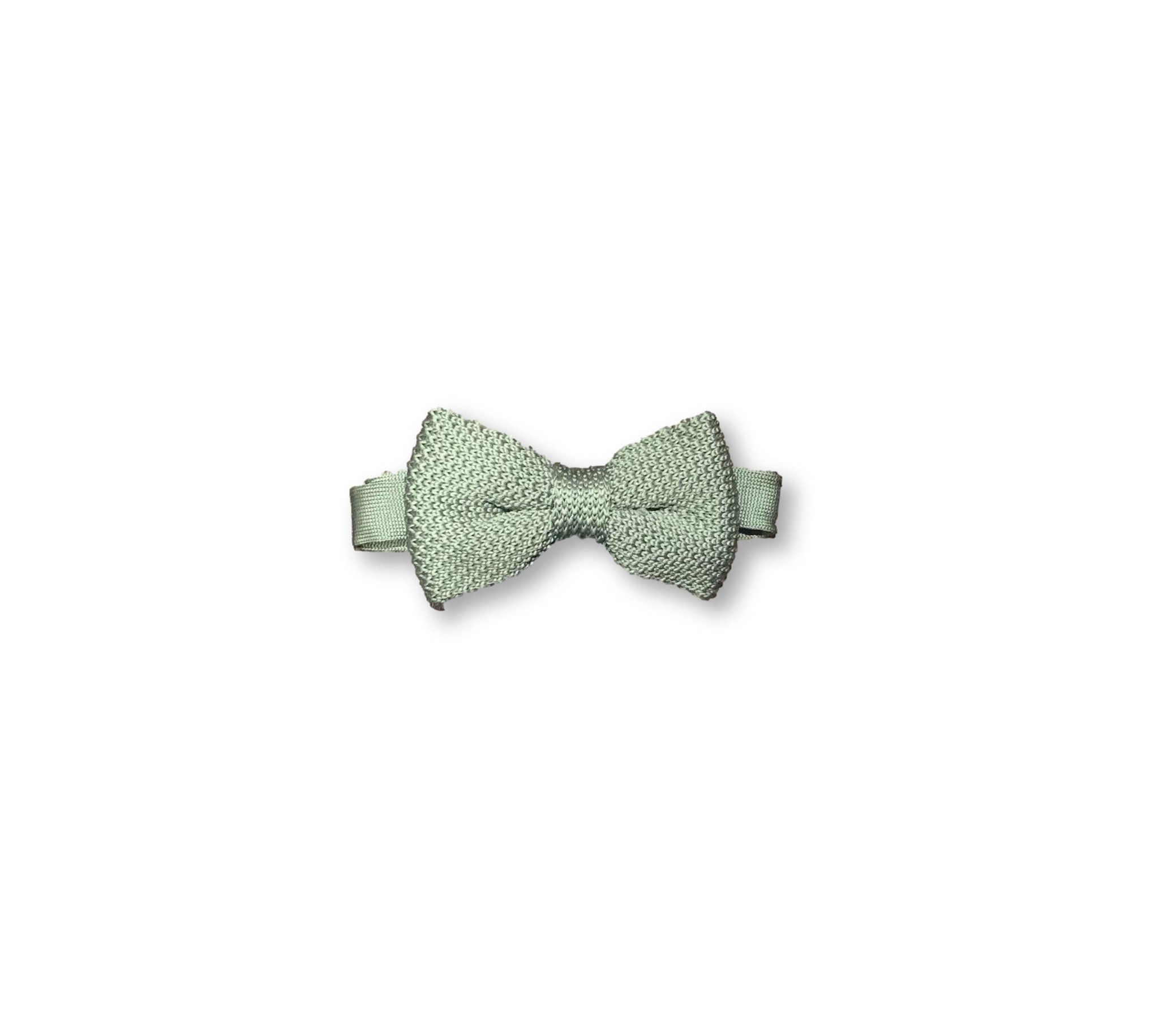 Children's sage green knitted bow tie with a stylish design, perfect for ages 2-11, made from comfortable polyester material.
