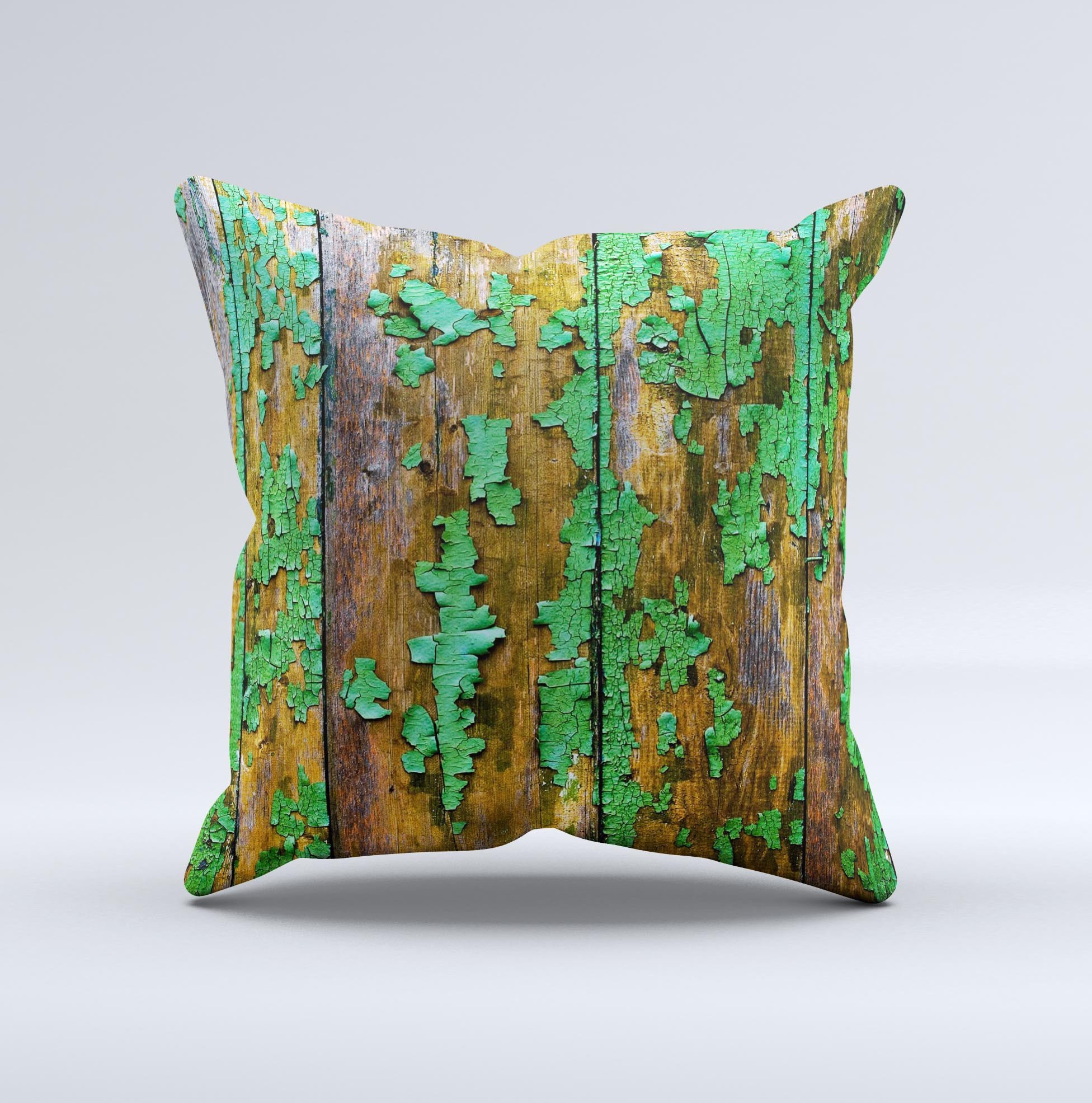 Chipped Bright Green Wood Ink-Fuzed Decorative Throw Pillow showcasing a unique handcrafted design with vibrant colors and textures.