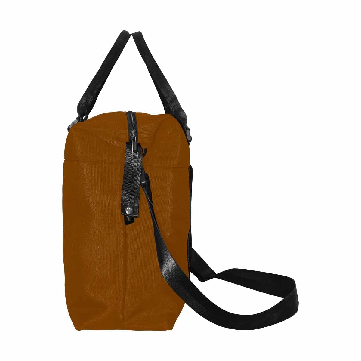 Chocolate Brown Duffel Bag with adjustable strap and metal button closure, made from durable oxford fabric, ideal for travel.