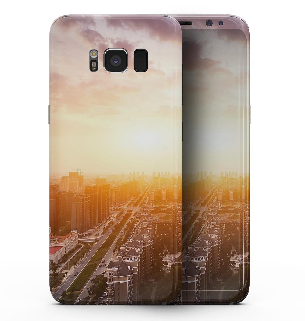 Samsung Galaxy S8 with Cityscape at Sunset full-body skin, showcasing vibrant colors and sleek design.
