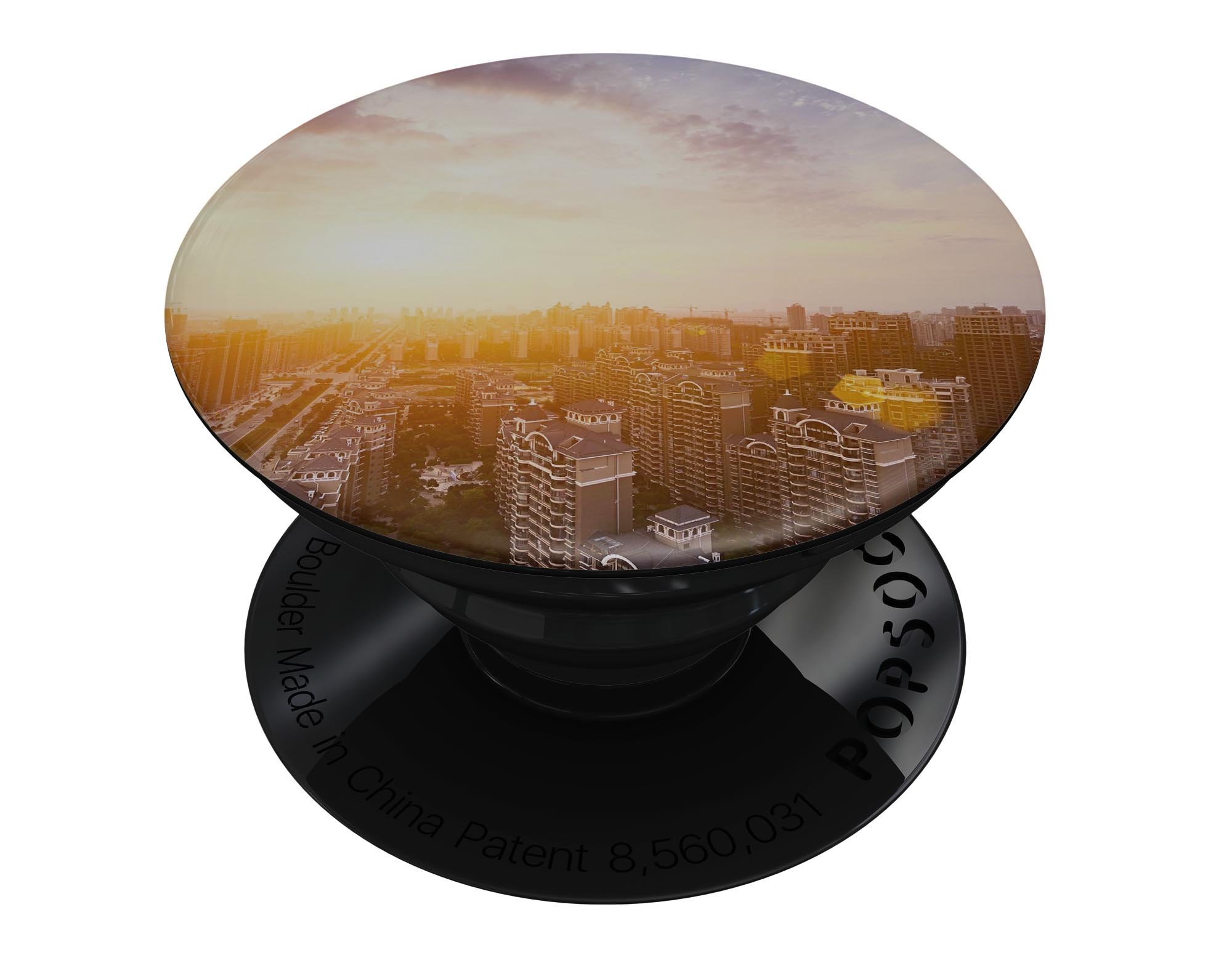 Cityscape at Sunset Skin Kit for PopSockets, featuring a vibrant skyline design on premium vinyl.