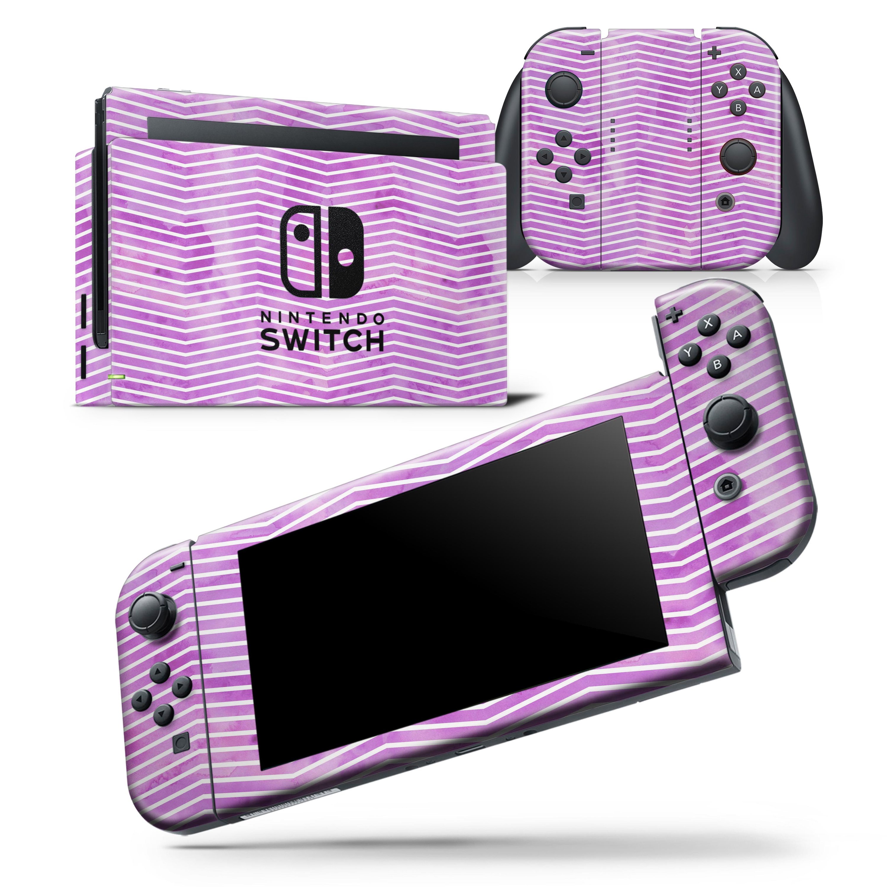 Clouded Purple Grunge Over White Chevron skin wrap decal for Nintendo Switch, showcasing vibrant colors and a sleek design.