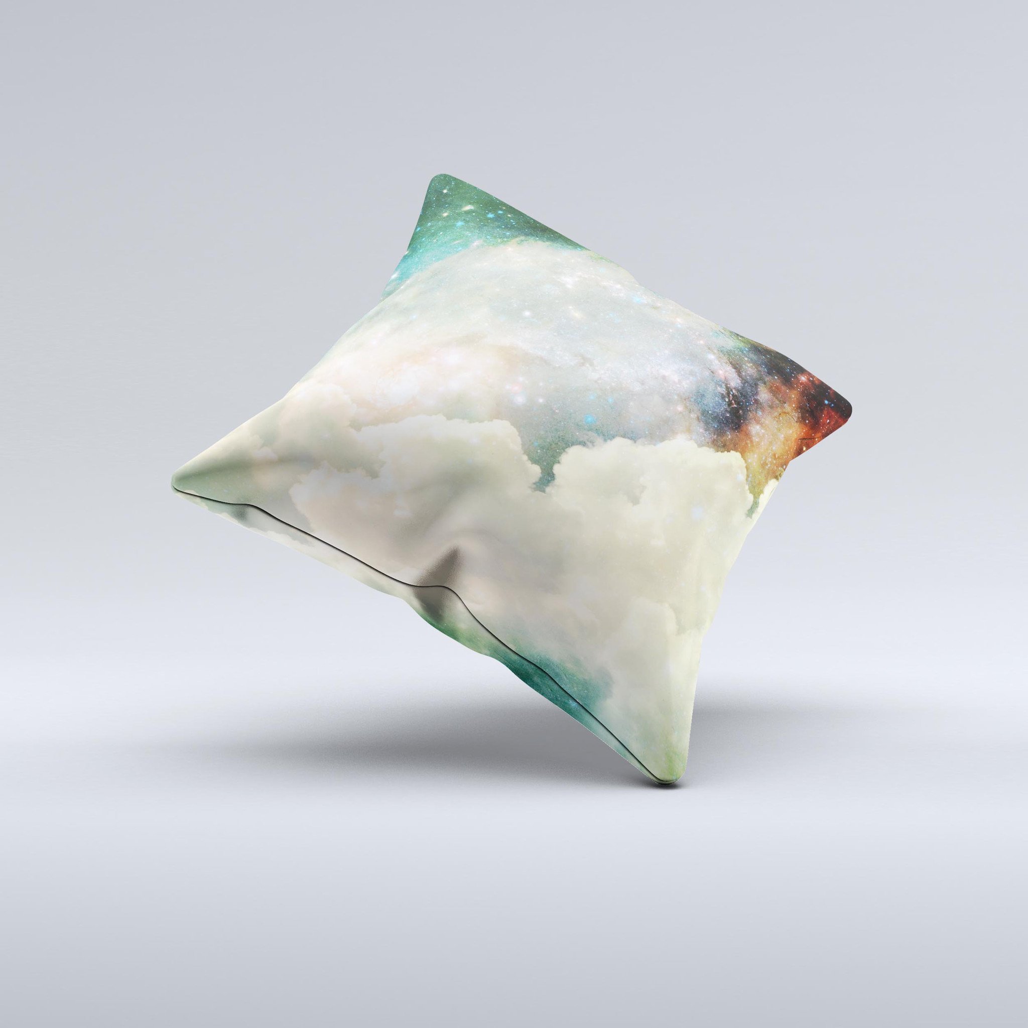 Cloudy Abstract Green Nebula Throw Pillow with unique design, handcrafted in Virginia, featuring high thread count fabric and polyester filling.