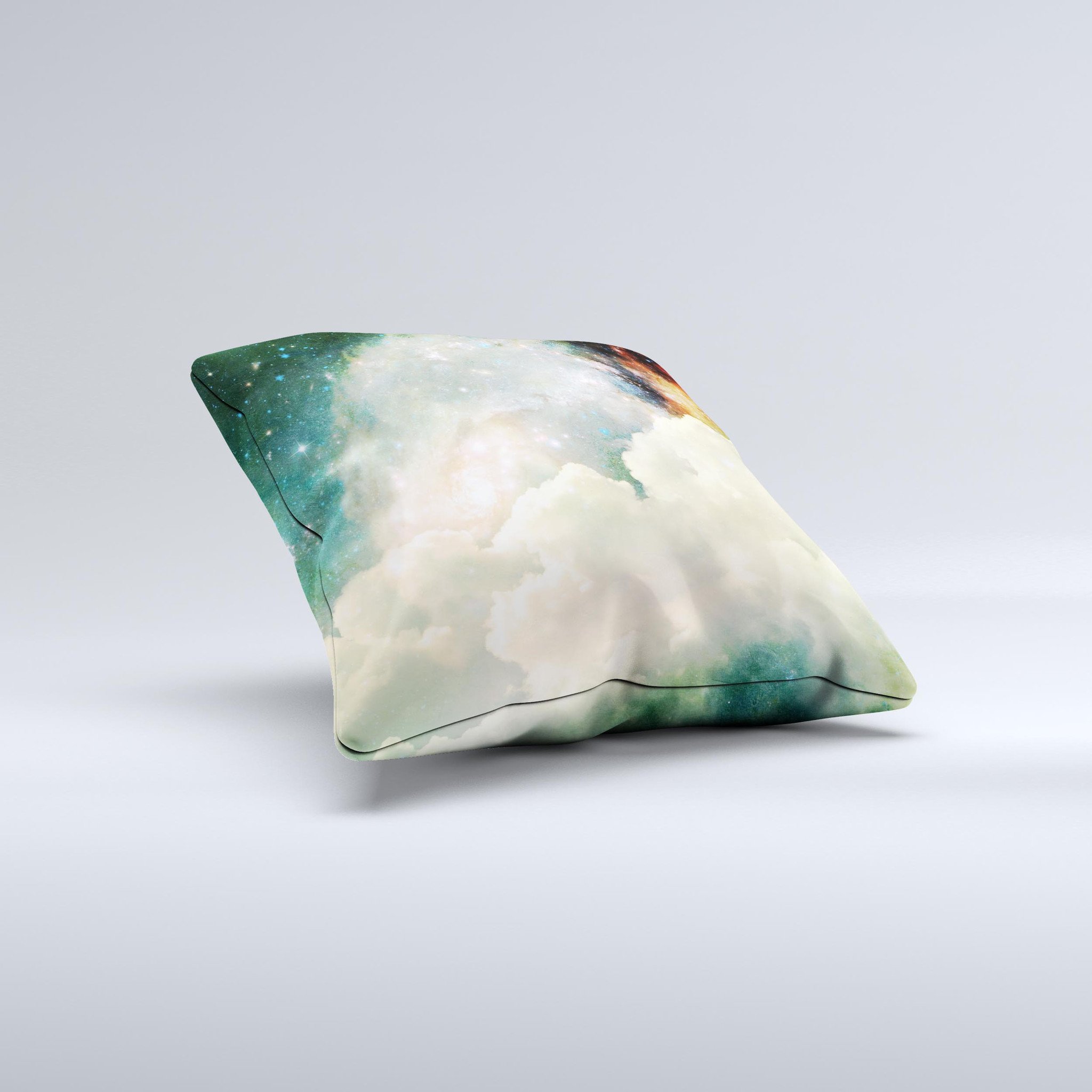 Cloudy Abstract Green Nebula Throw Pillow with unique design, handcrafted in Virginia, featuring high thread count fabric and polyester filling.