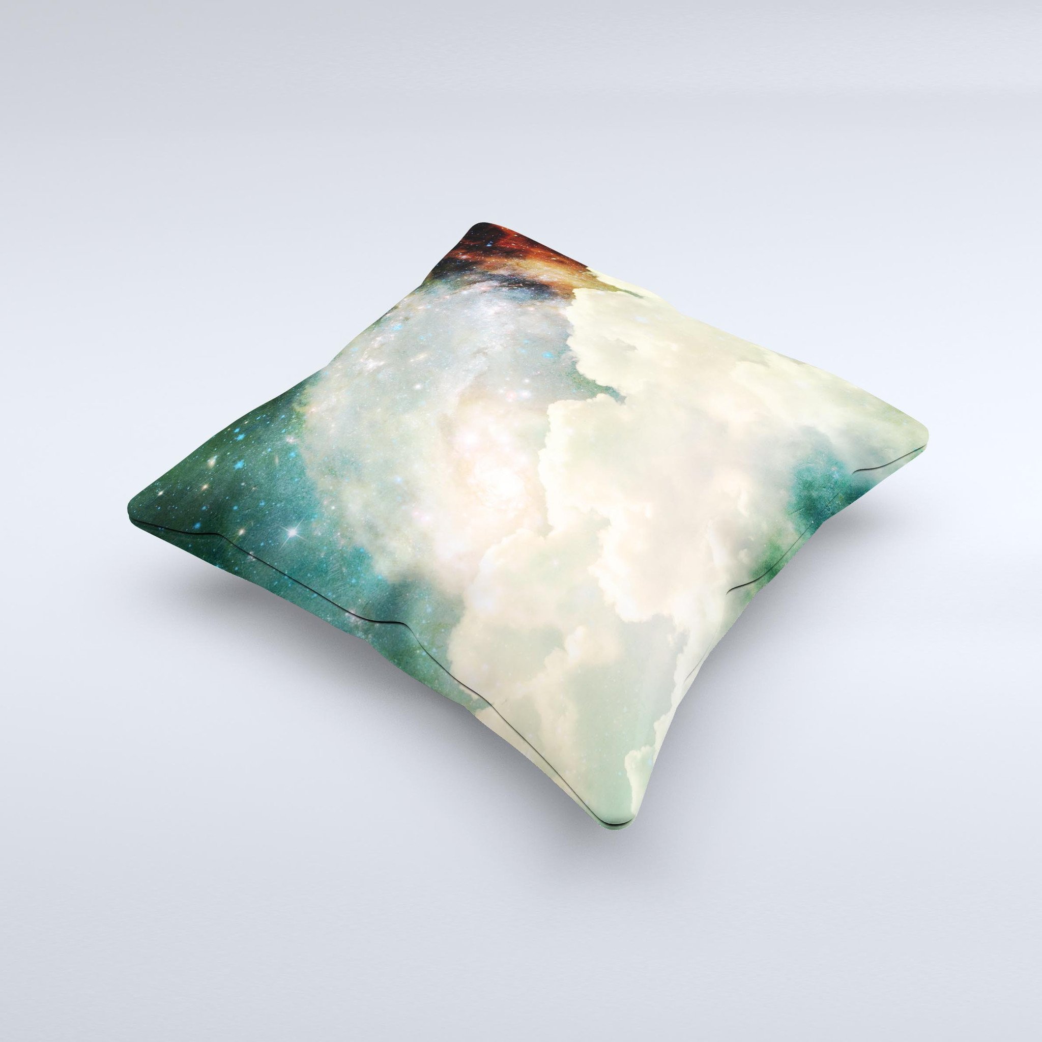 Cloudy Abstract Green Nebula Throw Pillow with unique design, handcrafted in Virginia, featuring high thread count fabric and polyester filling.