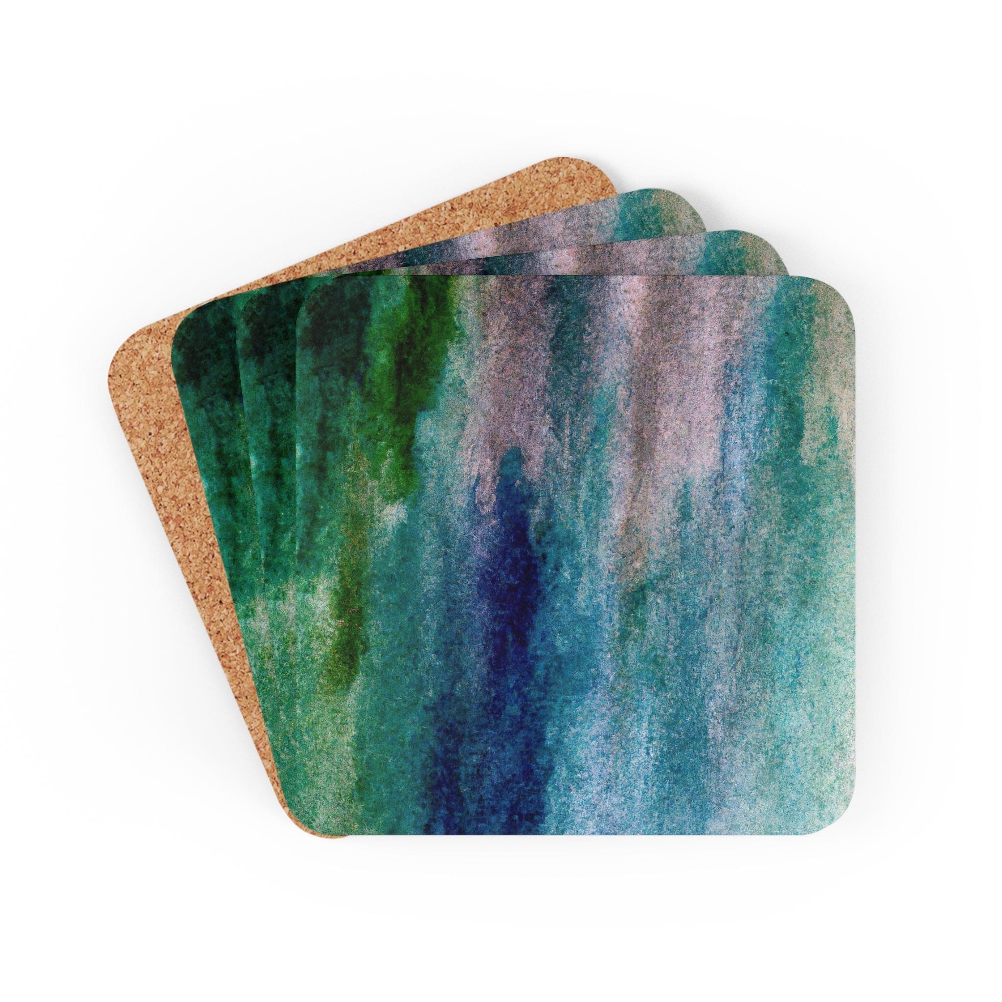 A stylish set of 4 coasters featuring a blue hue watercolor abstract print, perfect for protecting surfaces from drinks.