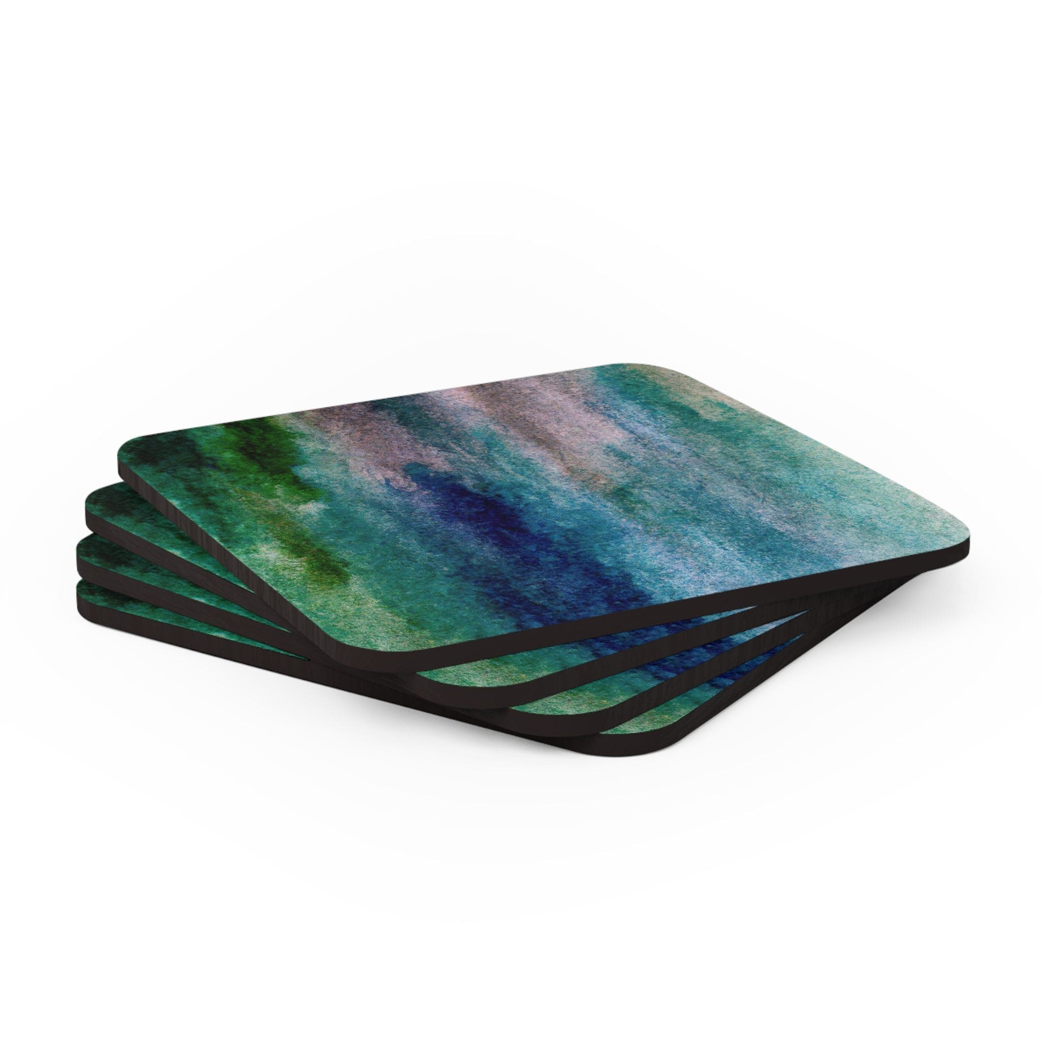 A stylish set of 4 coasters featuring a blue hue watercolor abstract print, perfect for protecting surfaces from drinks.