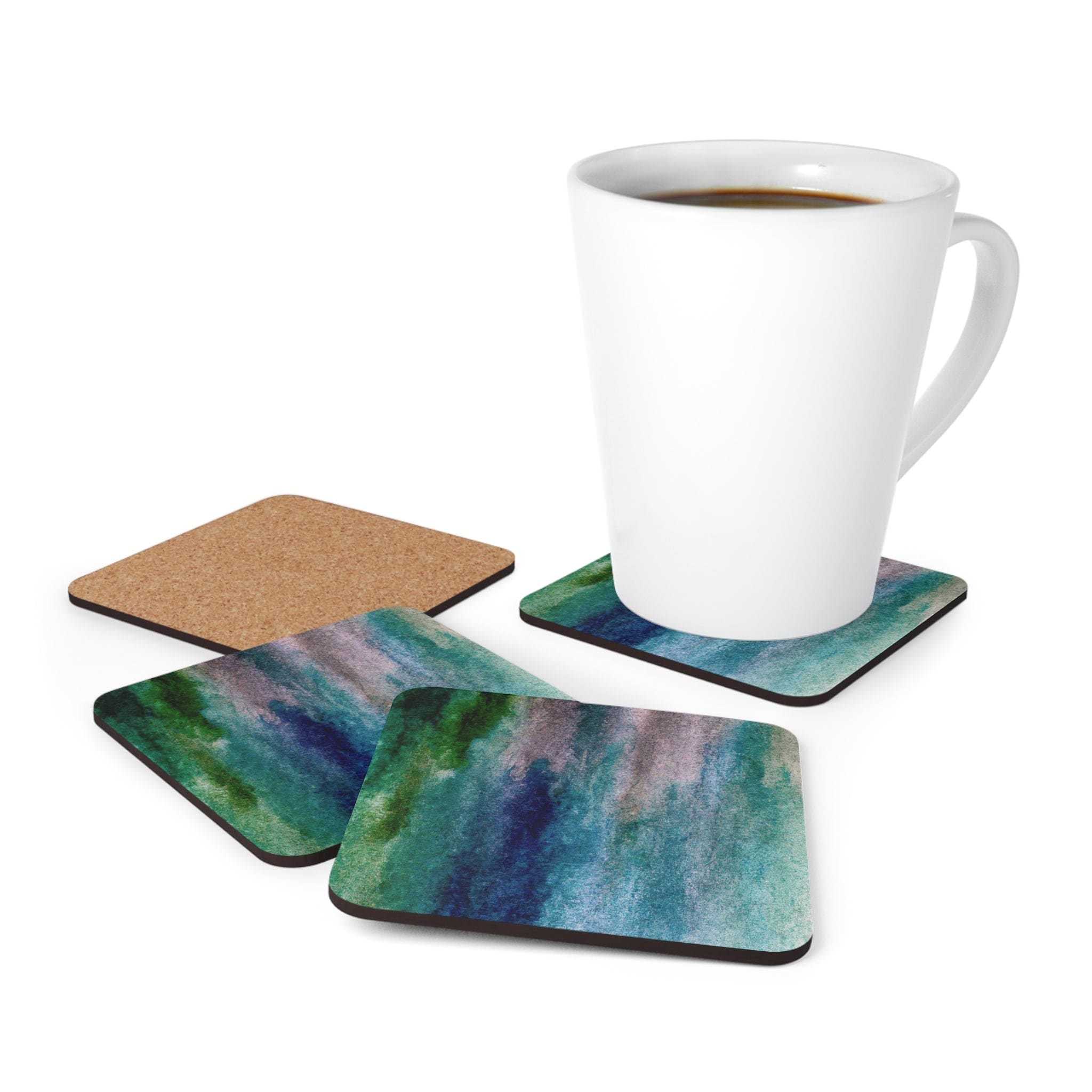 A stylish set of 4 coasters featuring a blue hue watercolor abstract print, perfect for protecting surfaces from drinks.