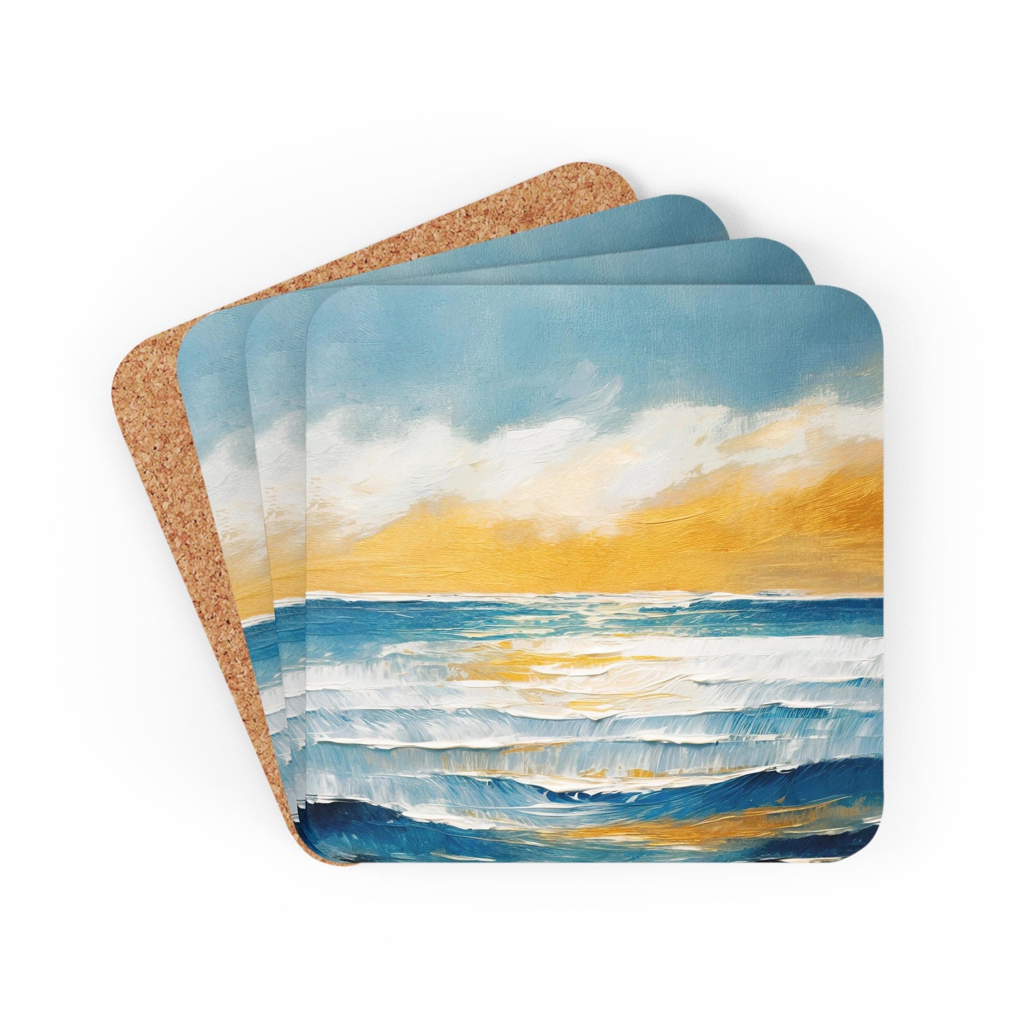 A set of 4 square coasters featuring a Blue Ocean Golden Sunset Print, made from neoprene rubber with cork backing.
