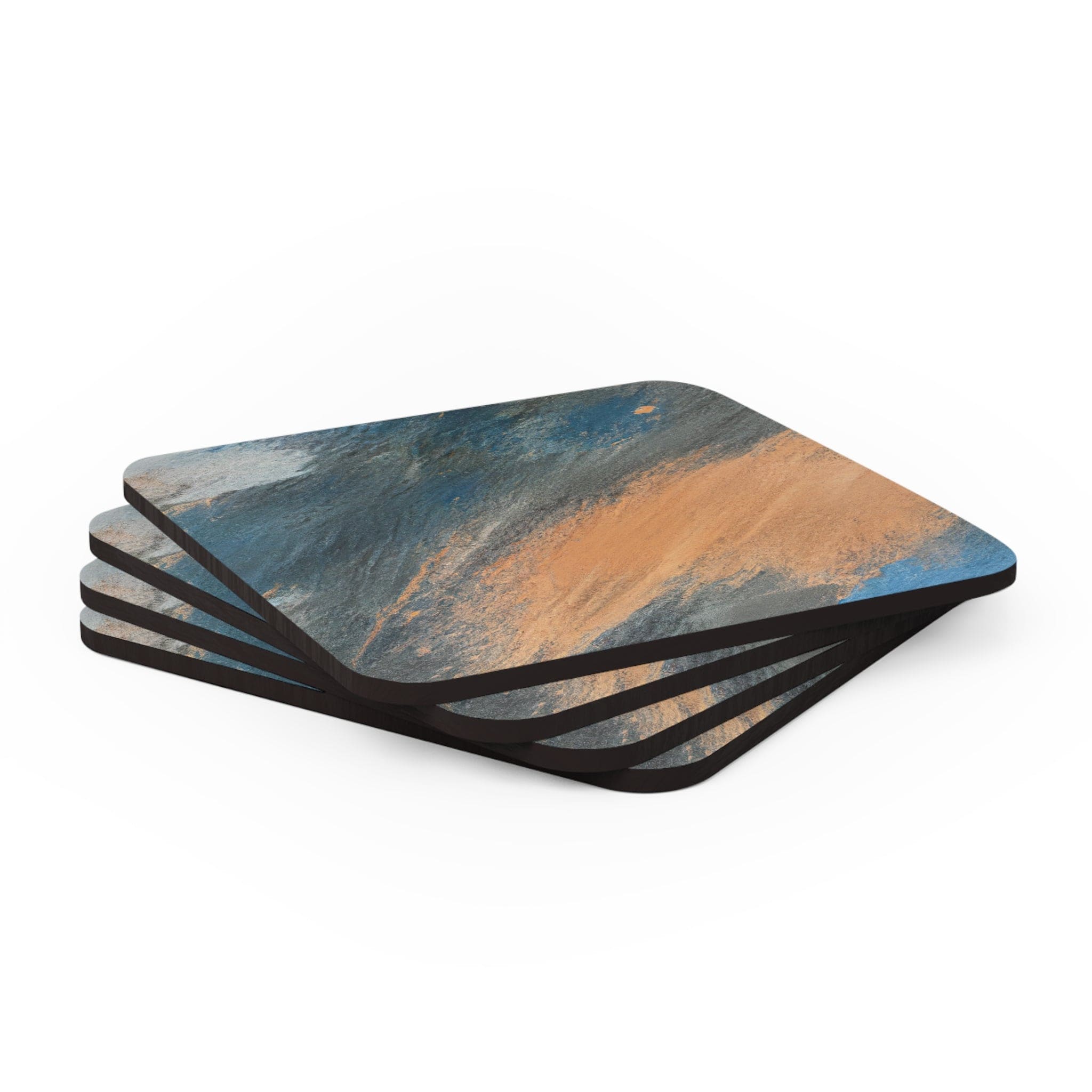Coaster Set of 4 featuring a blue and orange abstract pattern, showcasing stylish design and durable materials.
