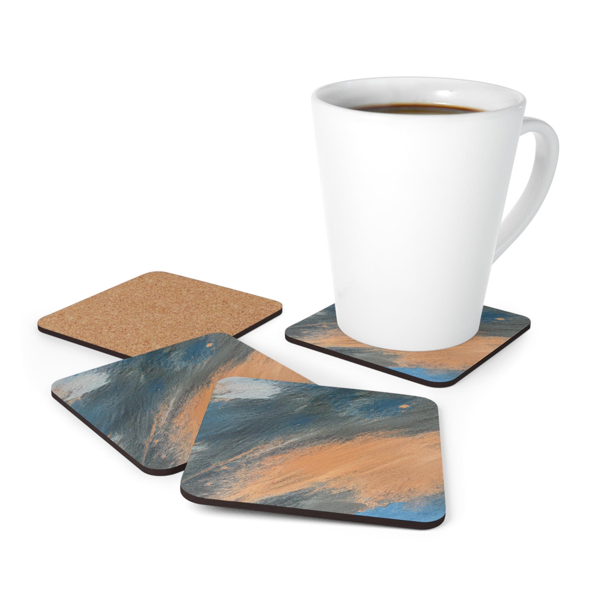 Coaster Set of 4 featuring a blue and orange abstract pattern, showcasing stylish design and durable materials.