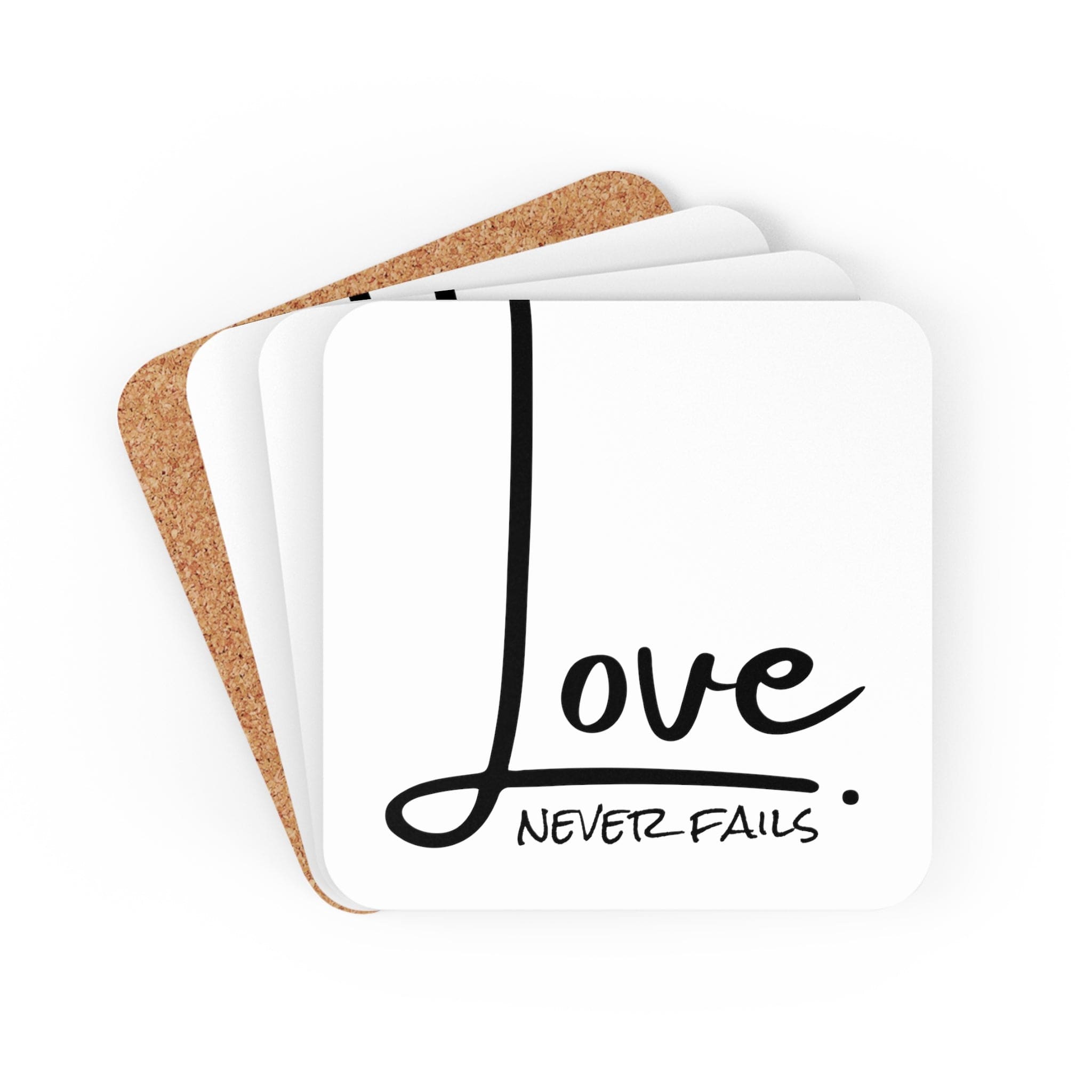 A stylish set of 4 square coasters made from neoprene rubber with cork backing, featuring elegant designs for hot and cold beverages.