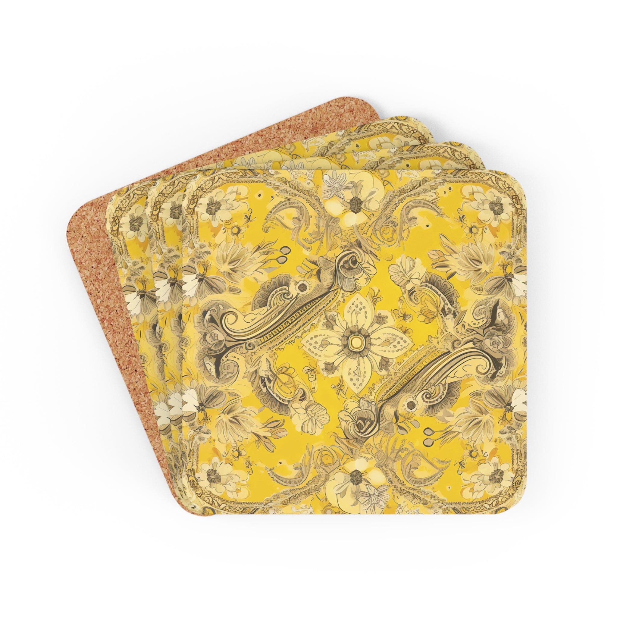 A set of four square coasters featuring a vibrant yellow floral bandanna illustration, designed for drinks with a cork backing.
