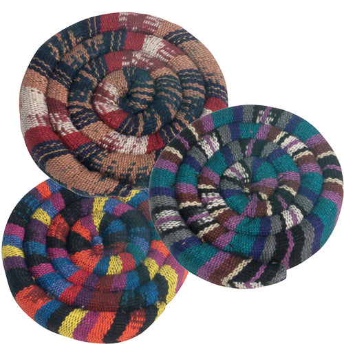Coffee scented trivet made from hand-woven Guatemalan fabric, filled with coffee beans, showcasing vibrant colors and traditional patterns.