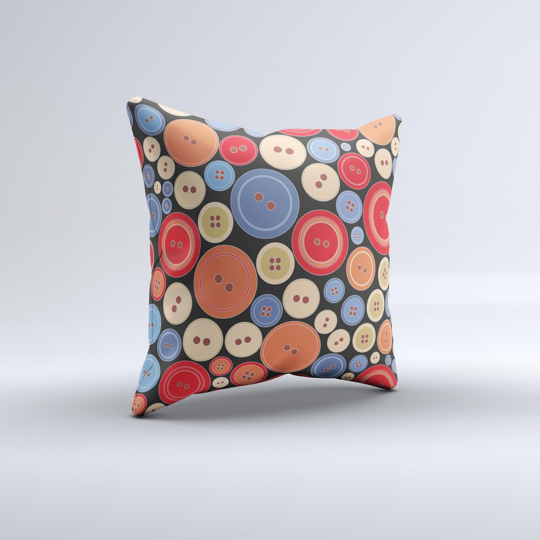Colored Vector Buttons ink-Fuzed Decorative Throw Pillow showcasing vibrant colors and unique design, handcrafted in Virginia.