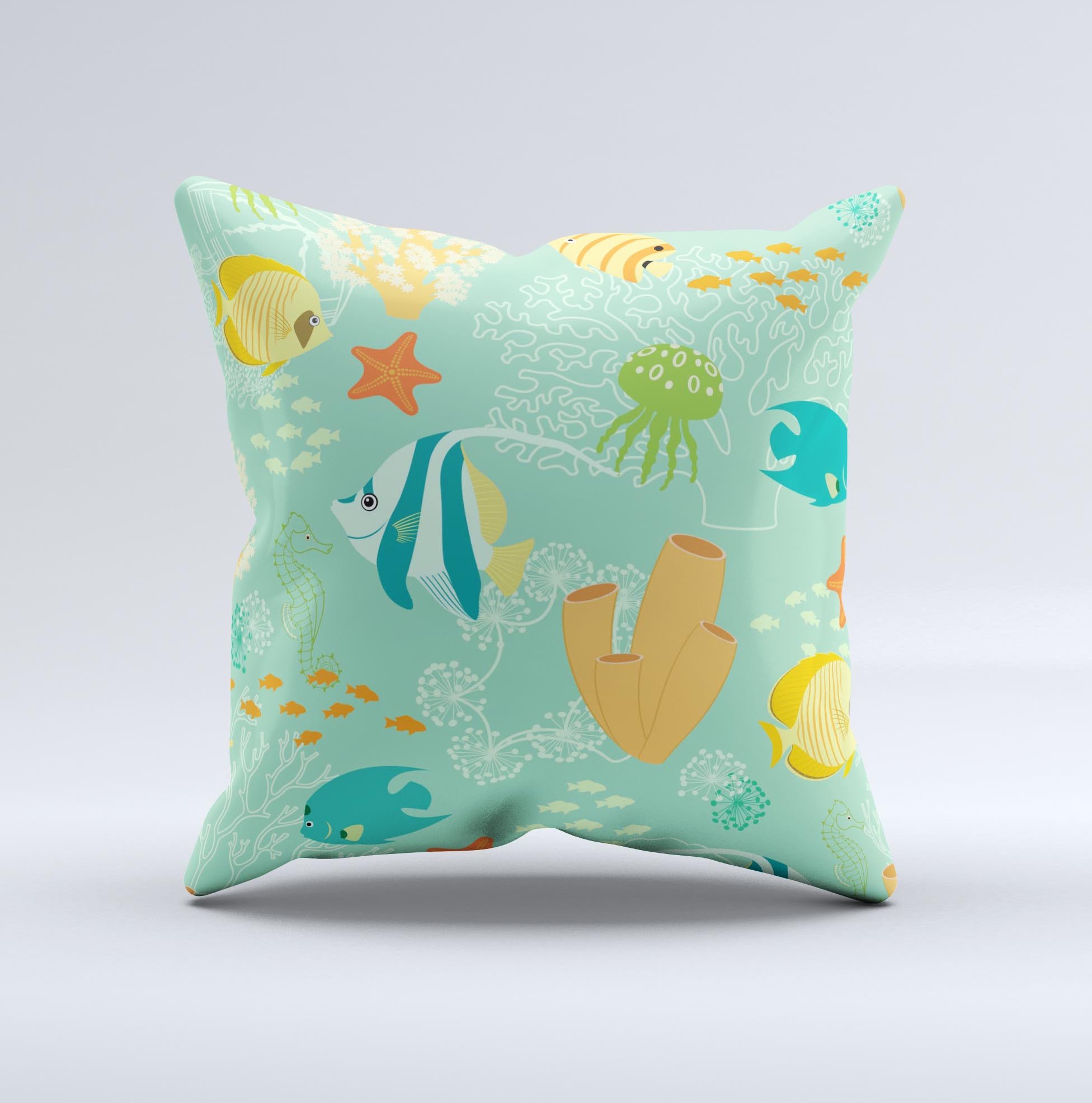 Colorful decorative throw pillow featuring bright saltwater fish designs, handcrafted in Virginia with high-quality fabric and filling.