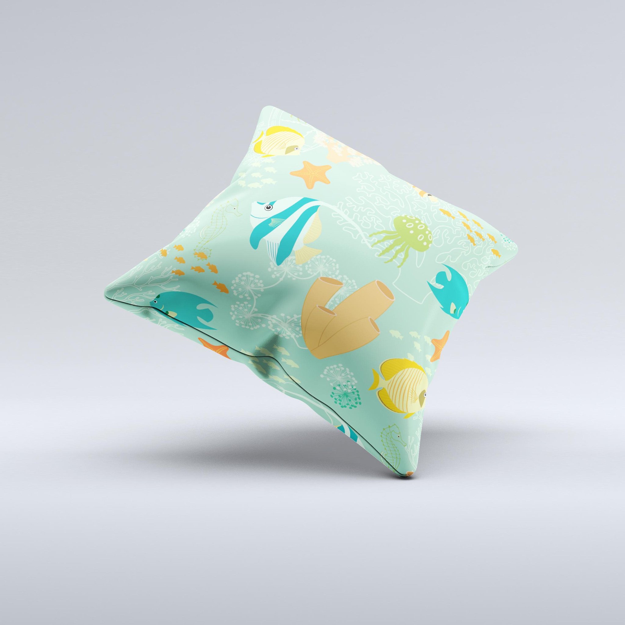 Colorful decorative throw pillow featuring bright saltwater fish designs, handcrafted in Virginia with high-quality fabric and filling.