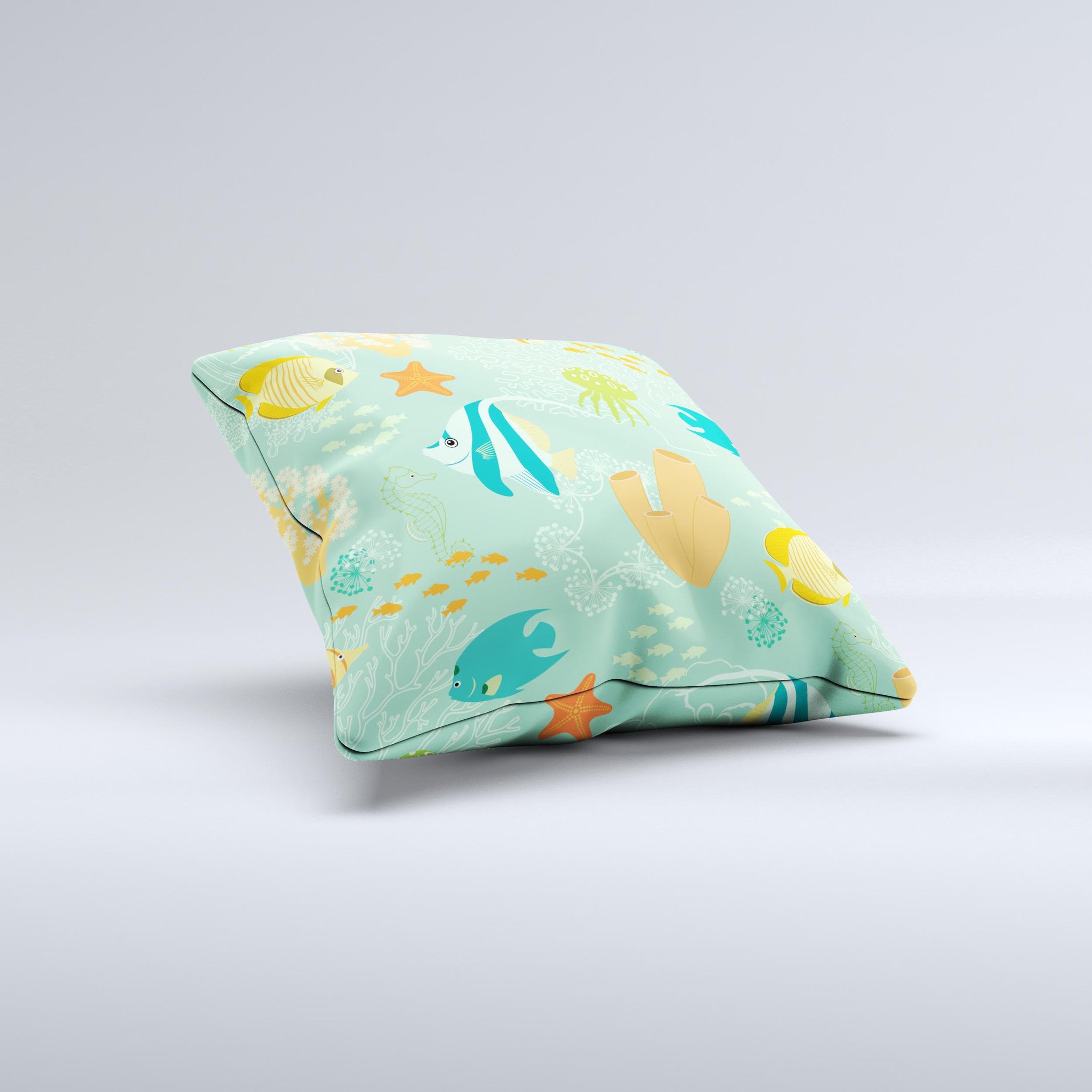 Colorful decorative throw pillow featuring bright saltwater fish designs, handcrafted in Virginia with high-quality fabric and filling.