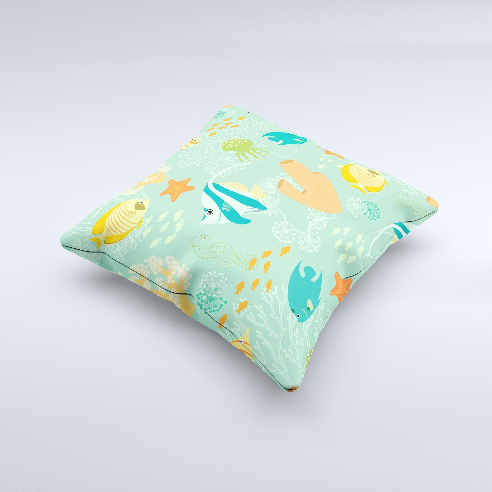 Colorful decorative throw pillow featuring bright saltwater fish designs, handcrafted in Virginia with high-quality fabric and filling.