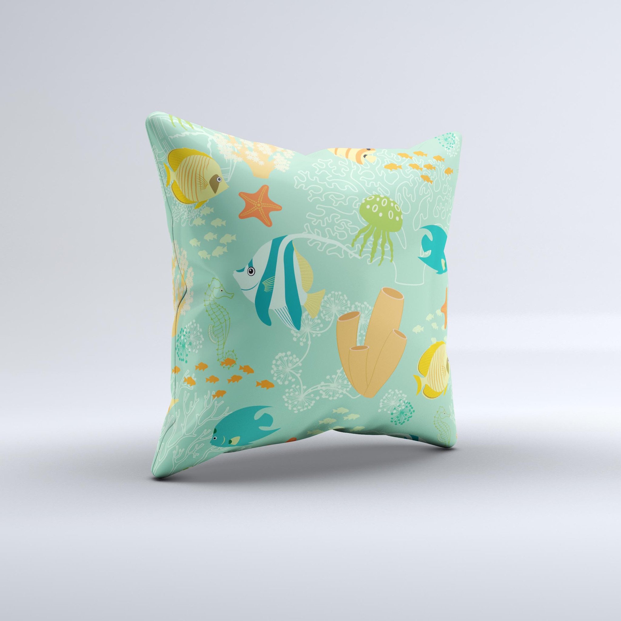 Colorful decorative throw pillow featuring bright saltwater fish designs, handcrafted in Virginia with high-quality fabric and filling.