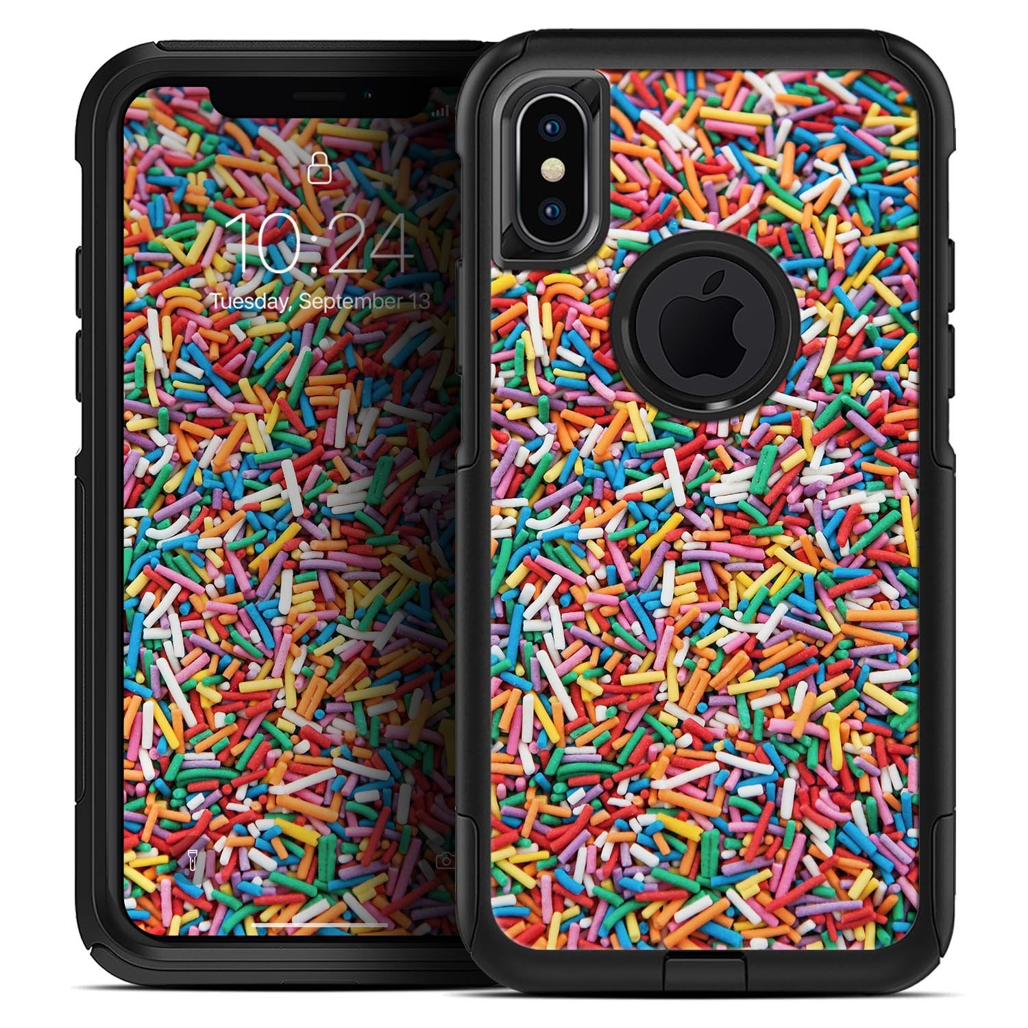 Colorful Candy Sprinkles Skin Kit for iPhone OtterBox cases, featuring a vibrant sprinkle design on a protective skin.