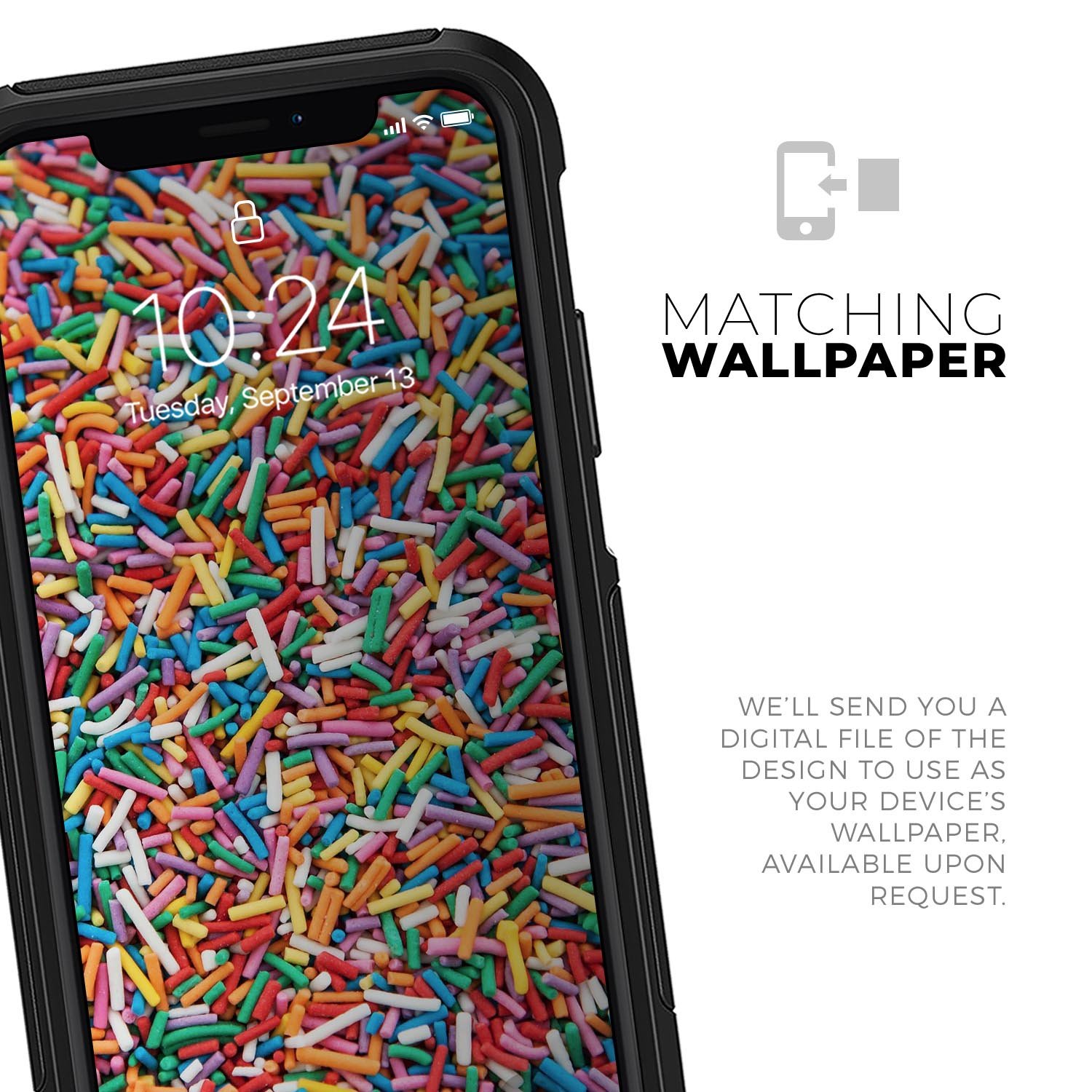 Colorful Candy Sprinkles Skin Kit for iPhone OtterBox cases, featuring a vibrant sprinkle design on a protective skin.