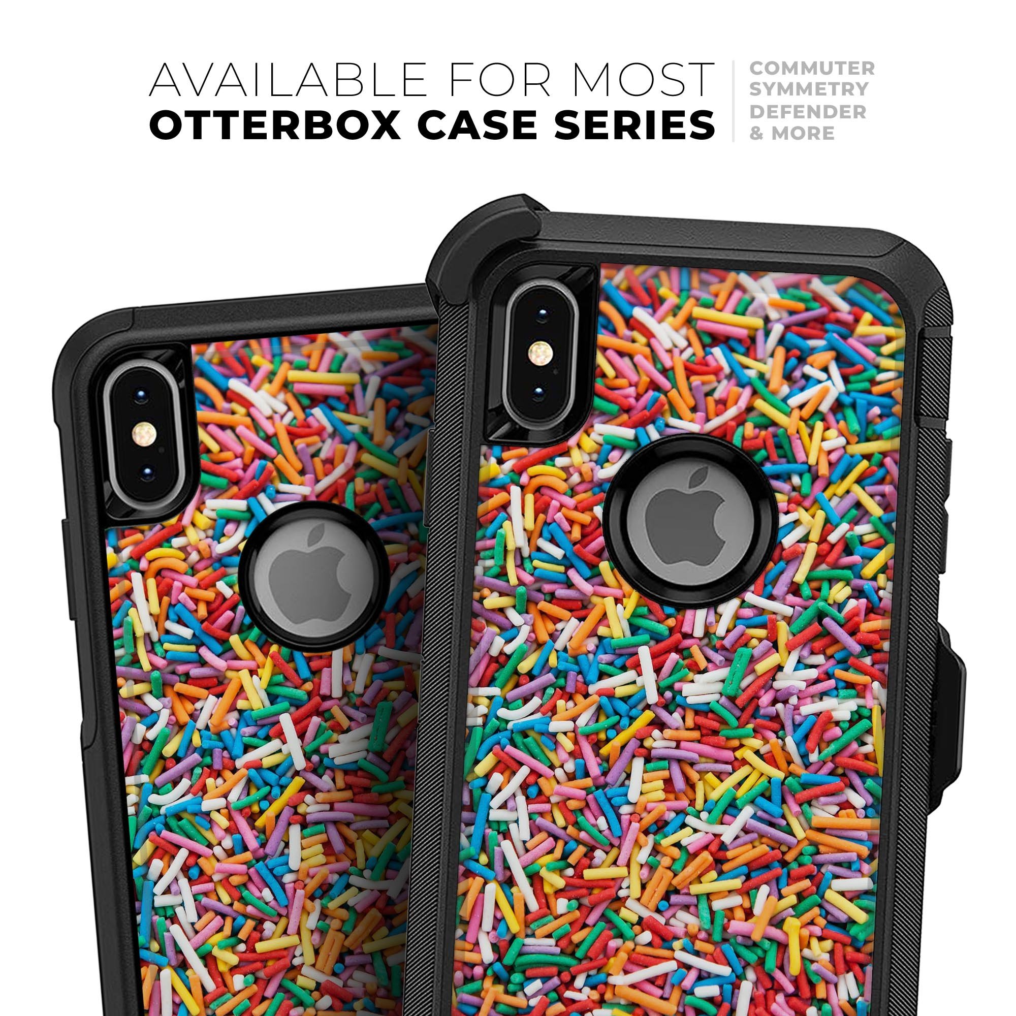 Colorful Candy Sprinkles Skin Kit for iPhone OtterBox cases, featuring a vibrant sprinkle design on a protective skin.