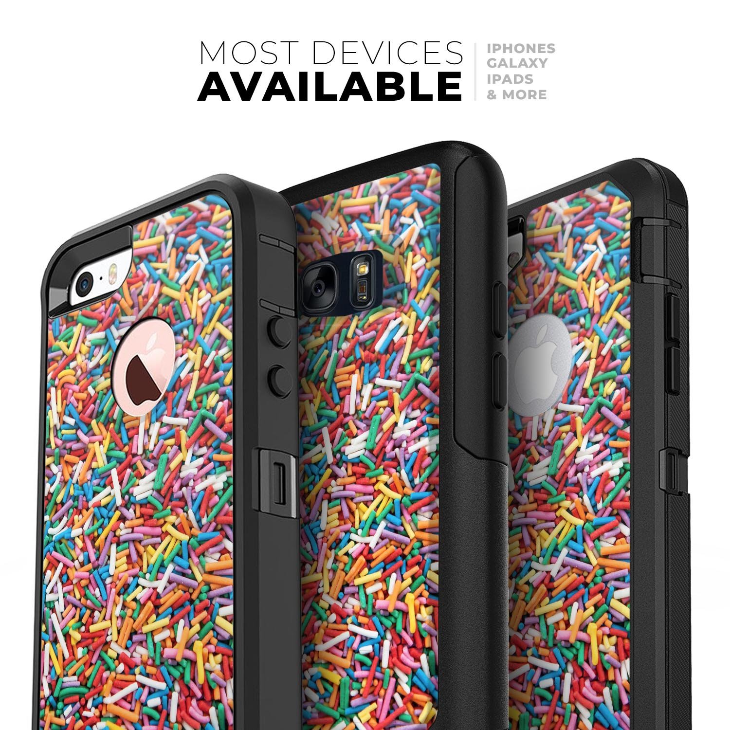Colorful Candy Sprinkles Skin Kit for iPhone OtterBox cases, featuring a vibrant sprinkle design on a protective skin.