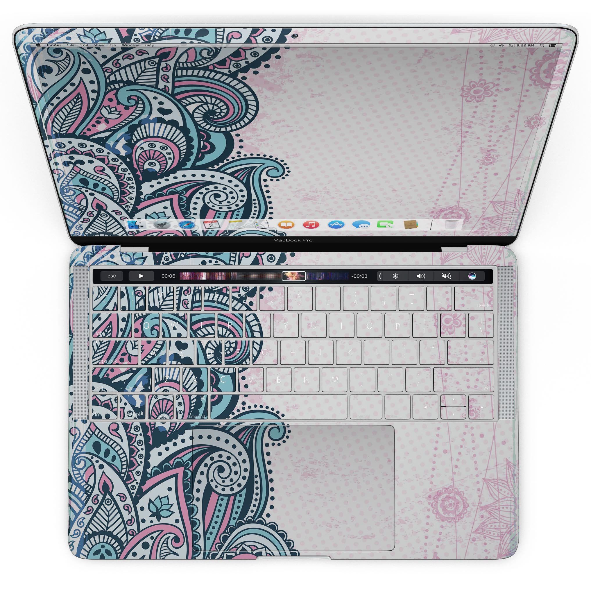 Colorful Ethnic Sprouts skin kit for MacBook Pro with Touch Bar, showcasing vibrant ethnic patterns and premium vinyl material.