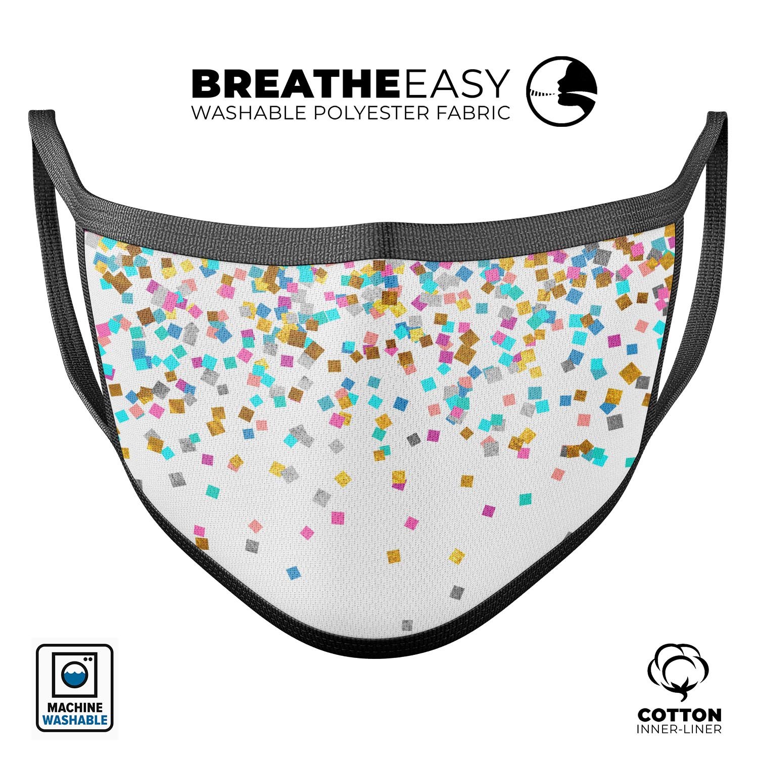 Colorful falling blocks design on a white reusable mouth cover, showcasing adjustable ear loops and soft cotton material.