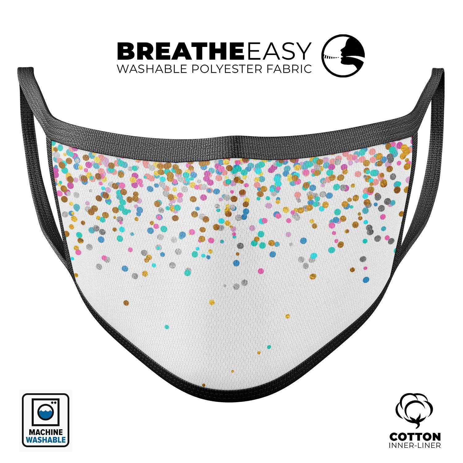 Colorful falling confetti design on a white reusable face mask, made in the USA, showcasing adjustable ear-loop bands.