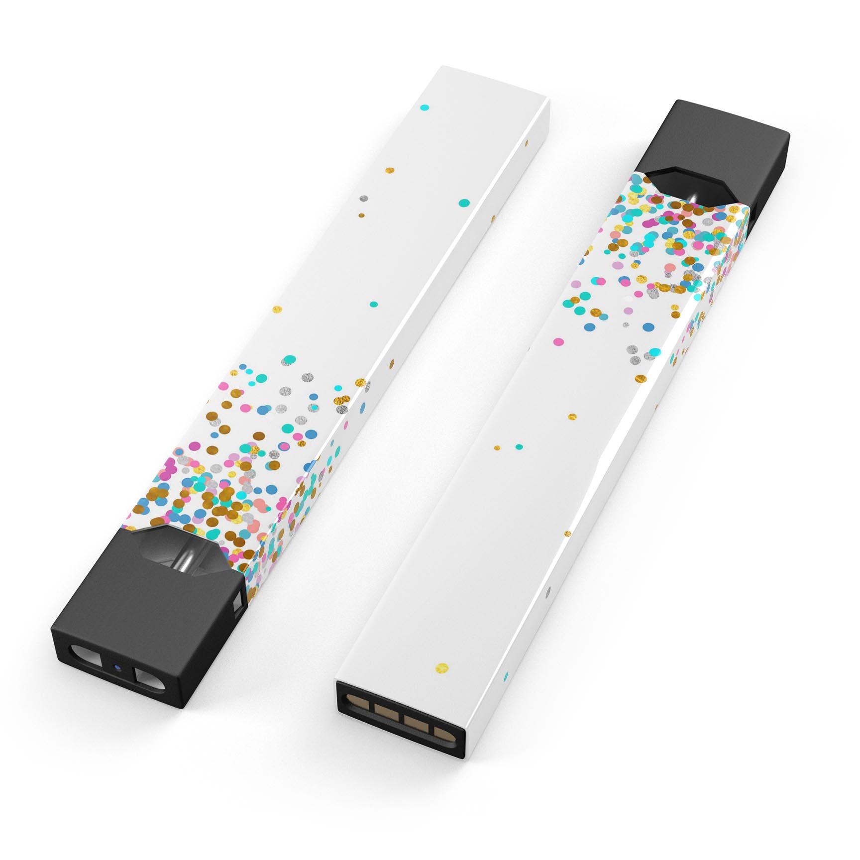 Colorful falling confetti decal skin for JUUL vaping device, showcasing vibrant colors and a protective design.