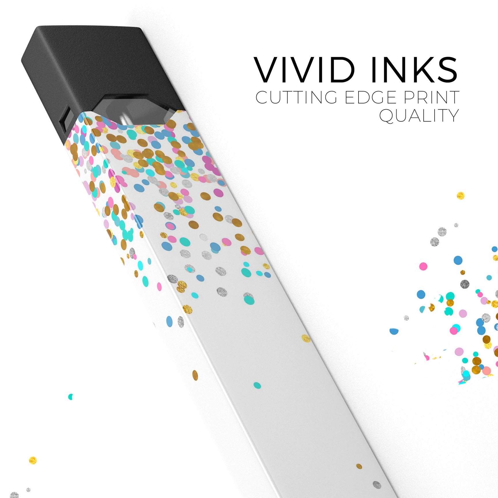 Colorful falling confetti decal skin for JUUL vaping device, showcasing vibrant colors and a protective design.