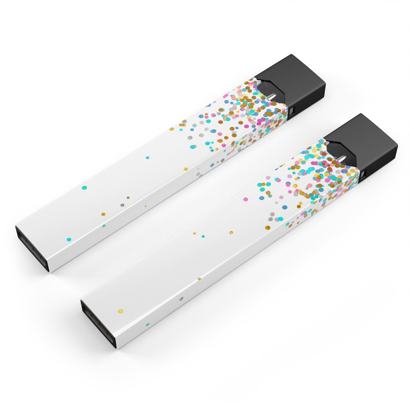 Colorful falling confetti decal skin for JUUL vaping device, showcasing vibrant colors and a protective design.