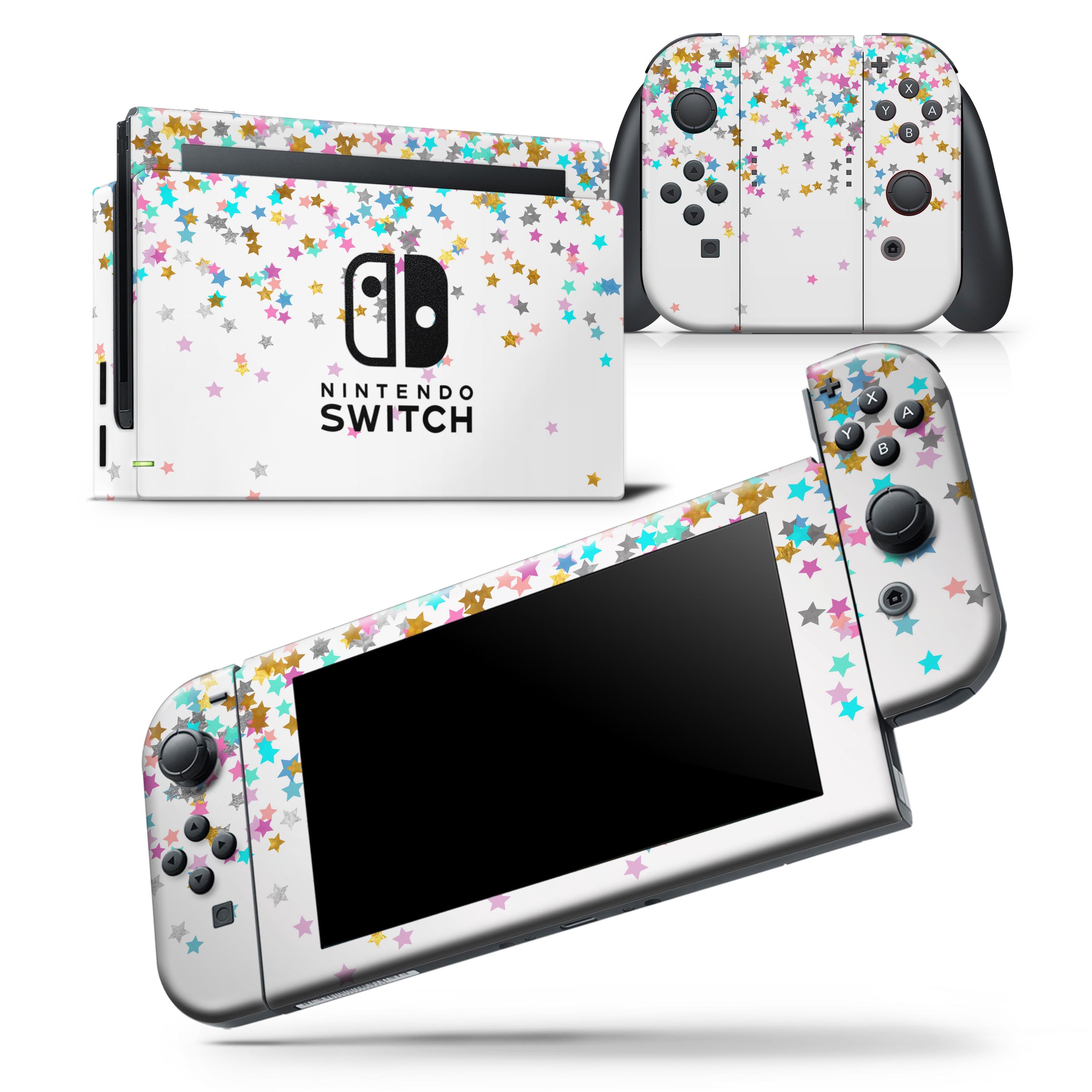 Colorful Falling Stars skin wrap decal for Nintendo Switch, featuring a vibrant design that covers the console and controllers.