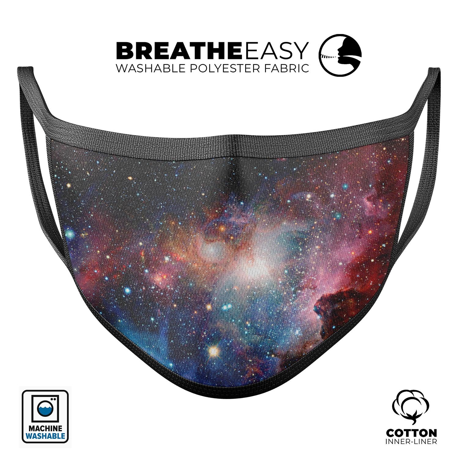 Colorful Galaxy V492 mouth cover, featuring a vibrant galaxy design, made from soft cotton and memory foam for comfort.