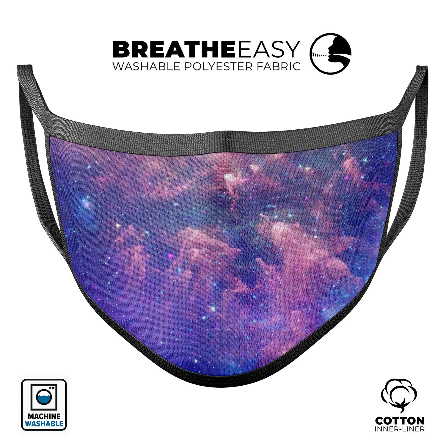 Colorful Nebula mouth cover, unisex anti-dust cotton mask with adjustable ear loops, showcasing vibrant dye-sublimated design.