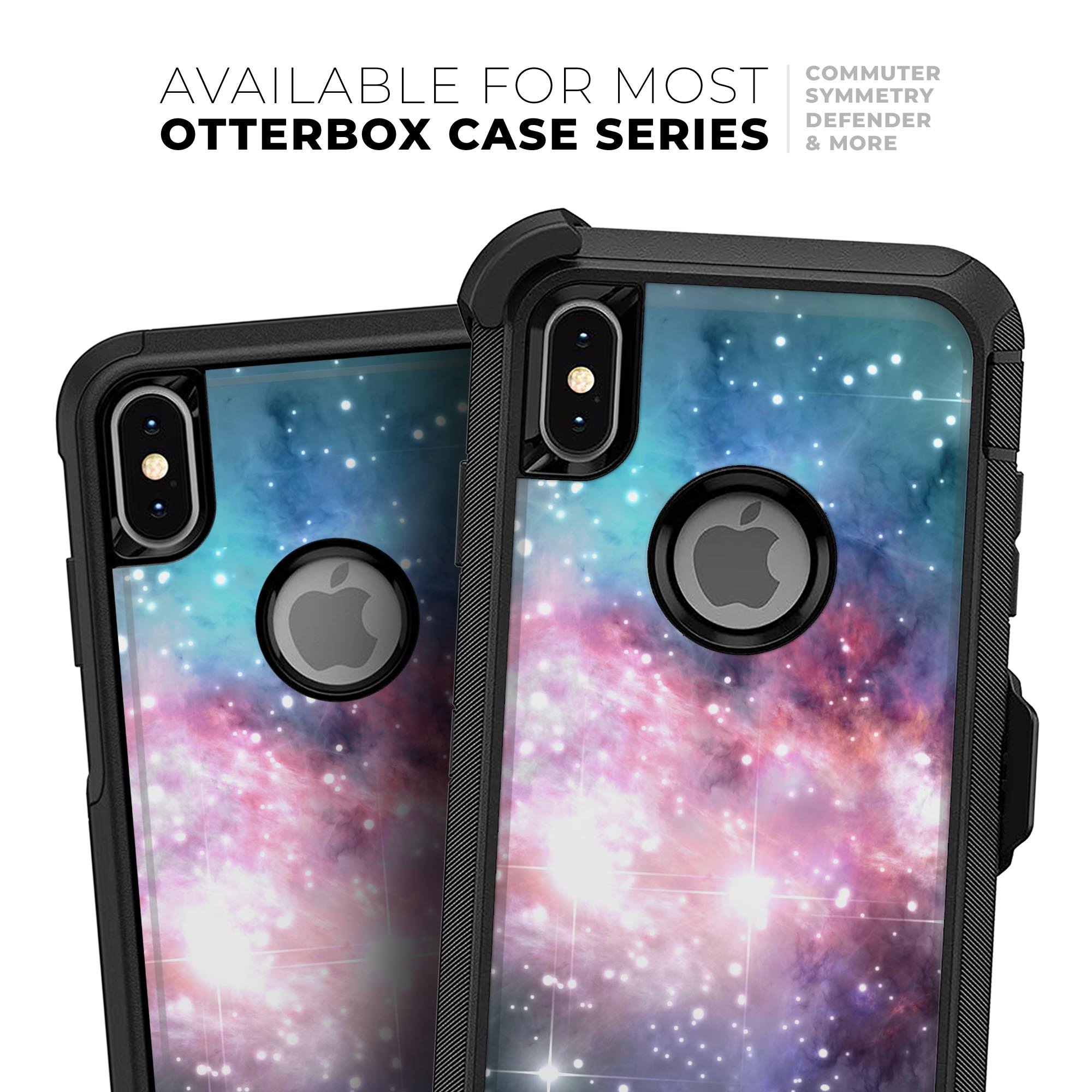 Colorful Neon Space Nebula Skin Kit designed for iPhone OtterBox cases, showcasing vibrant colors and a sleek design.