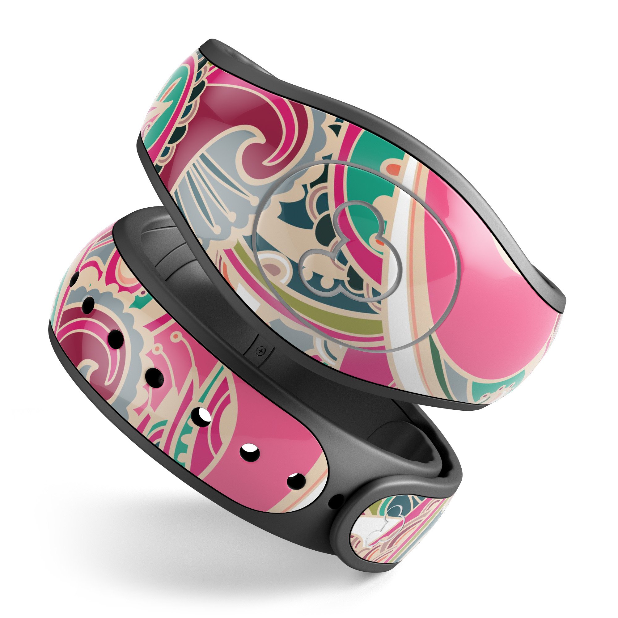Colorful pink and teal paisley decal skin wrap kit for Disney Magic Band, showcasing vibrant colors and intricate design.