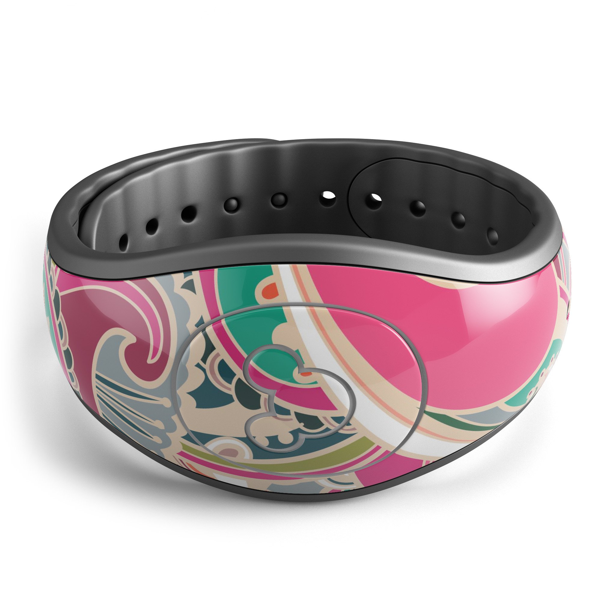 Colorful pink and teal paisley decal skin wrap kit for Disney Magic Band, showcasing vibrant colors and intricate design.
