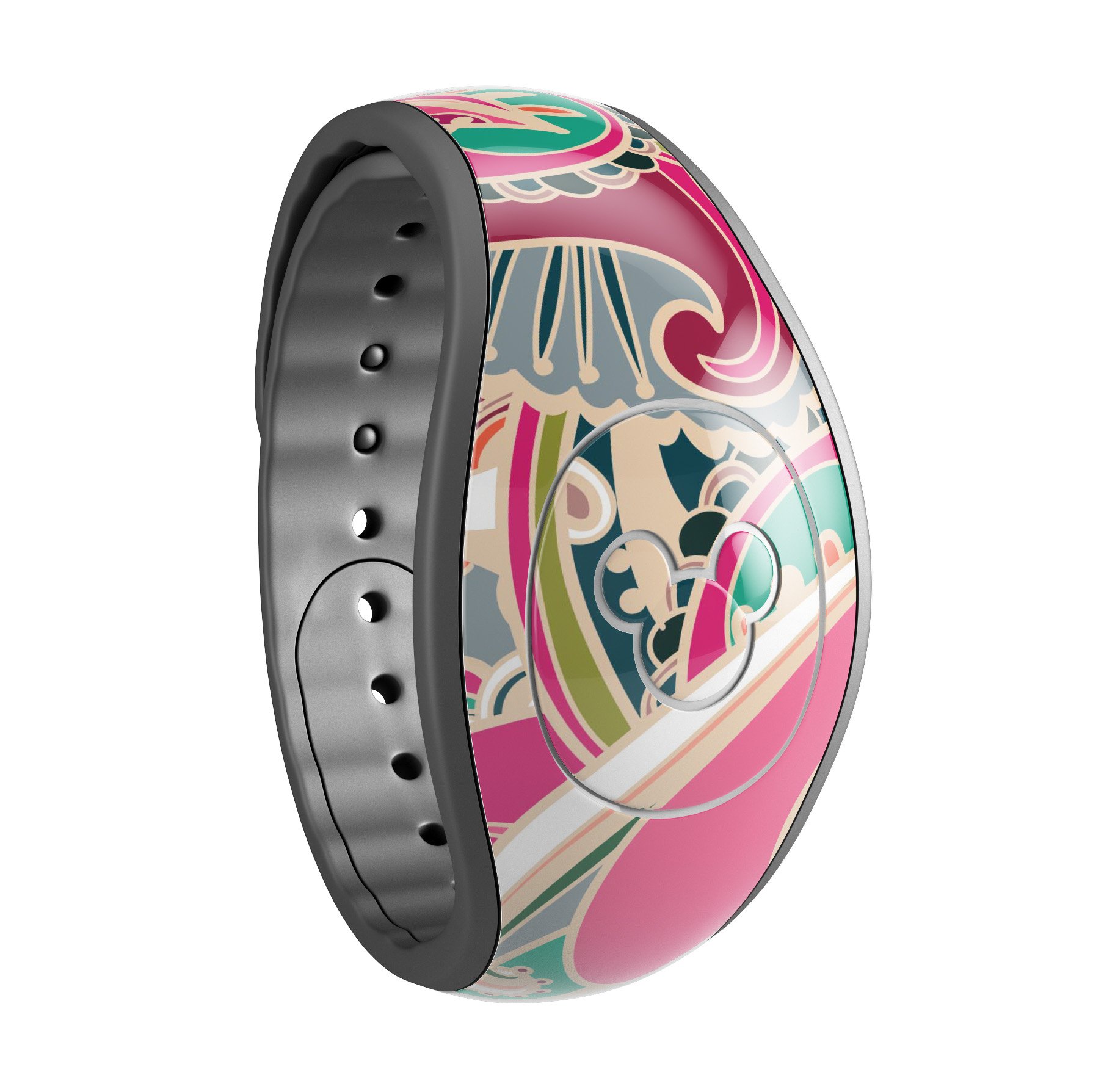 Colorful pink and teal paisley decal skin wrap kit for Disney Magic Band, showcasing vibrant colors and intricate design.