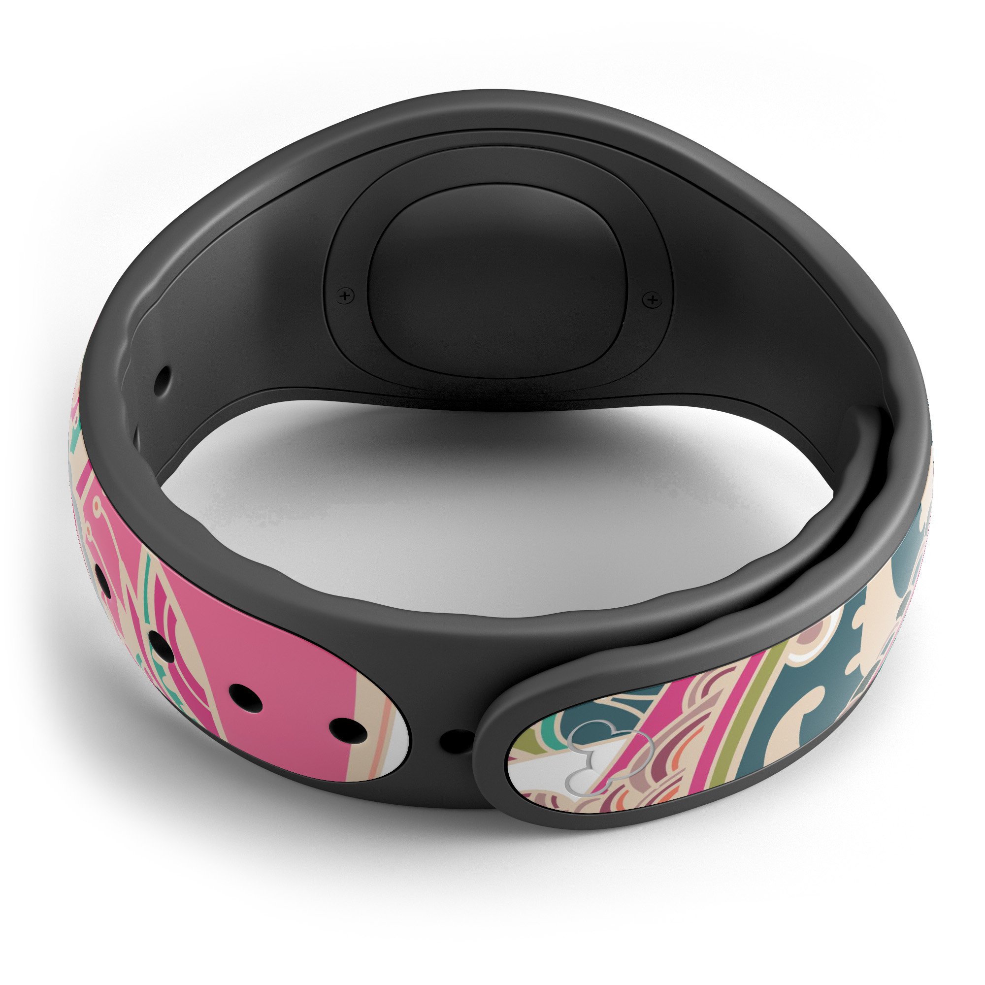 Colorful pink and teal paisley decal skin wrap kit for Disney Magic Band, showcasing vibrant colors and intricate design.