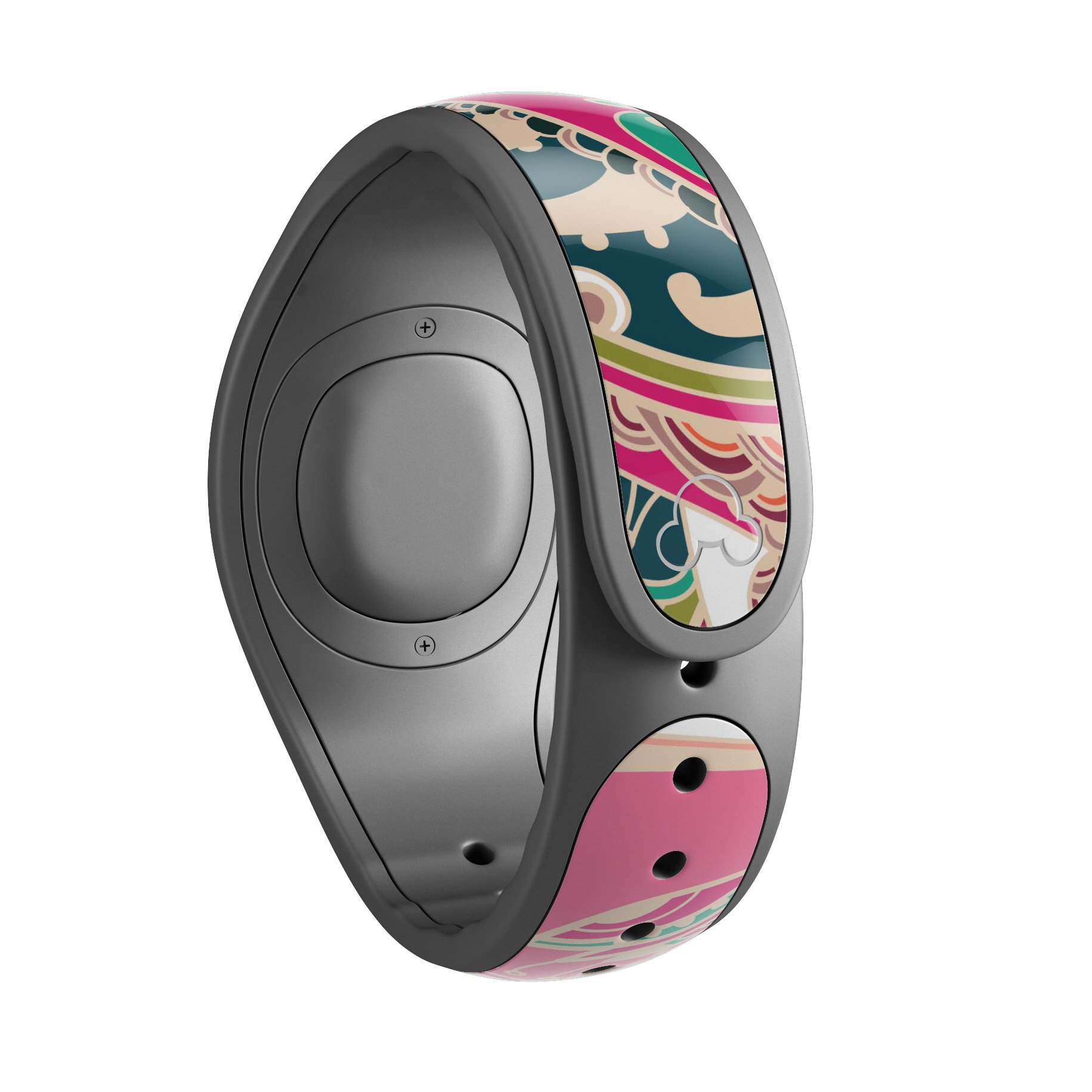 Colorful pink and teal paisley decal skin wrap kit for Disney Magic Band, showcasing vibrant colors and intricate design.