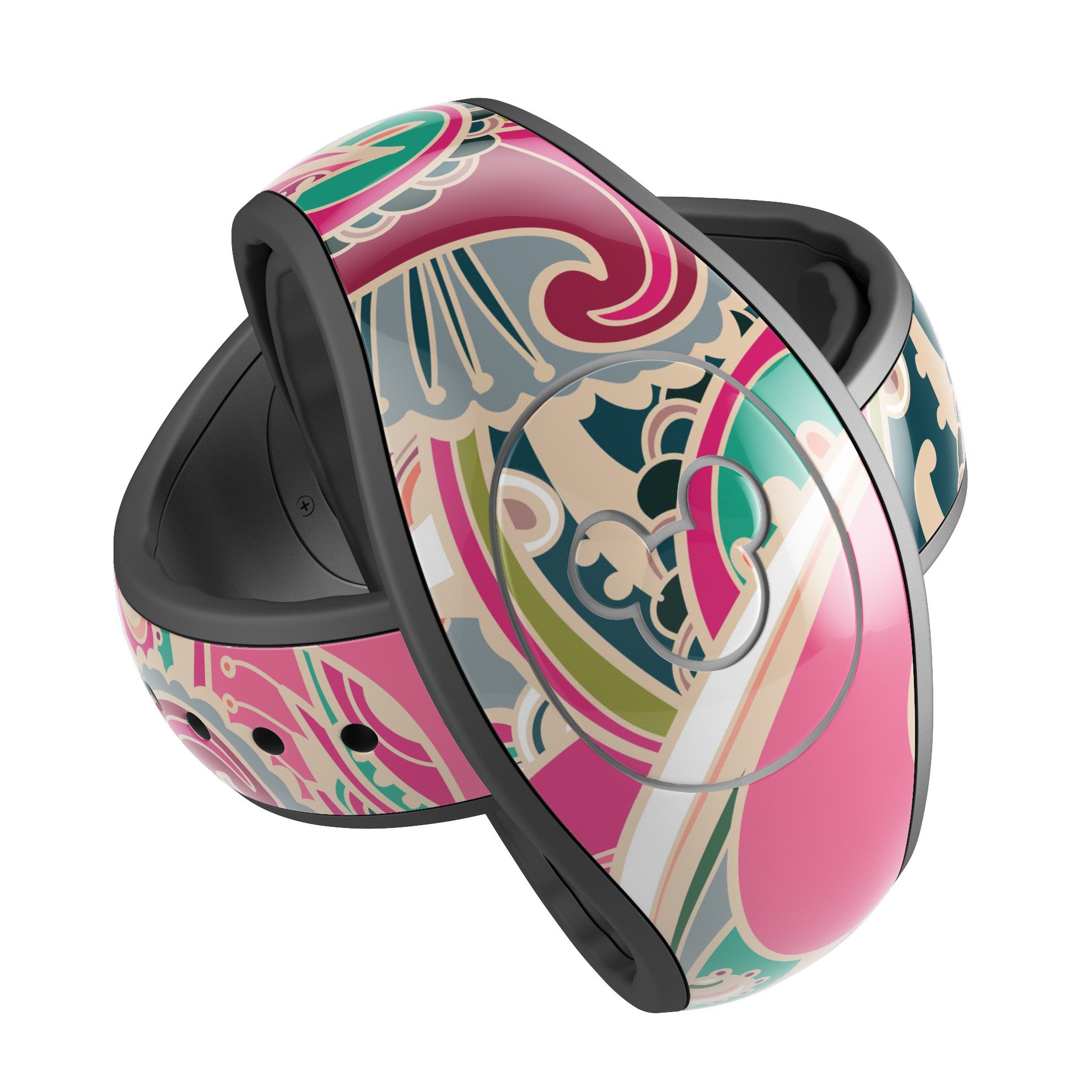 Colorful pink and teal paisley decal skin wrap kit for Disney Magic Band, showcasing vibrant colors and intricate design.