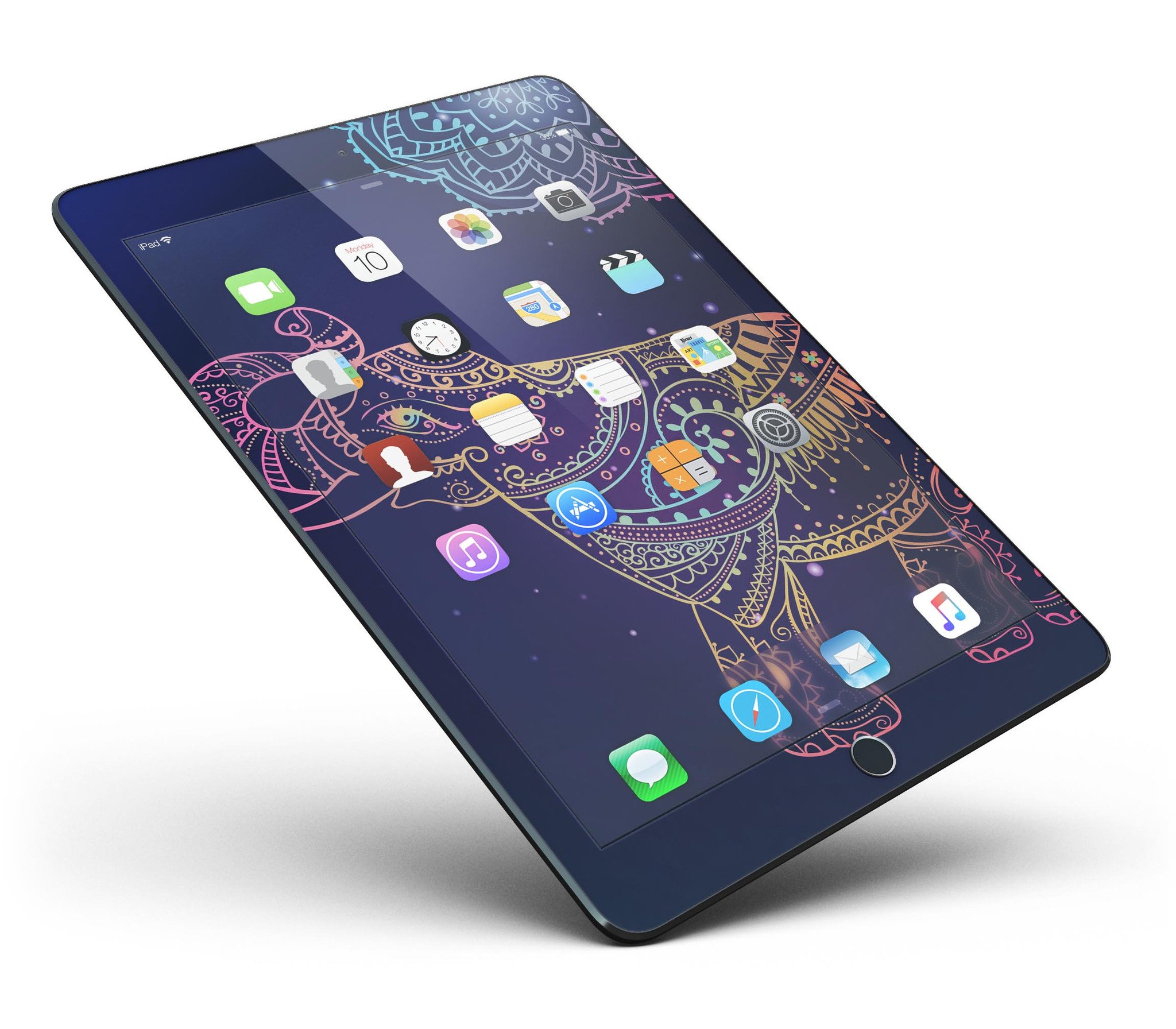 Colorful Sacred Elephant Full Body Skin for iPad Pro, showcasing vibrant design and premium vinyl material.