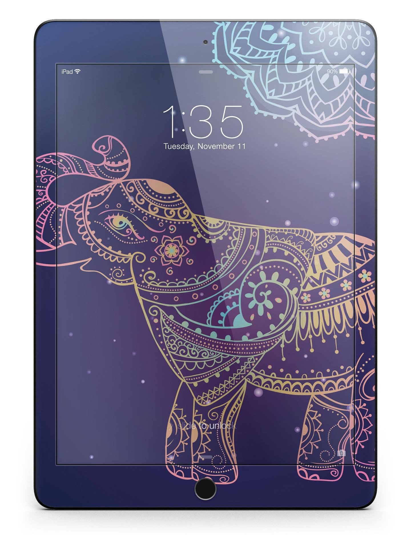 Colorful Sacred Elephant Full Body Skin for iPad Pro, showcasing vibrant design and premium vinyl material.