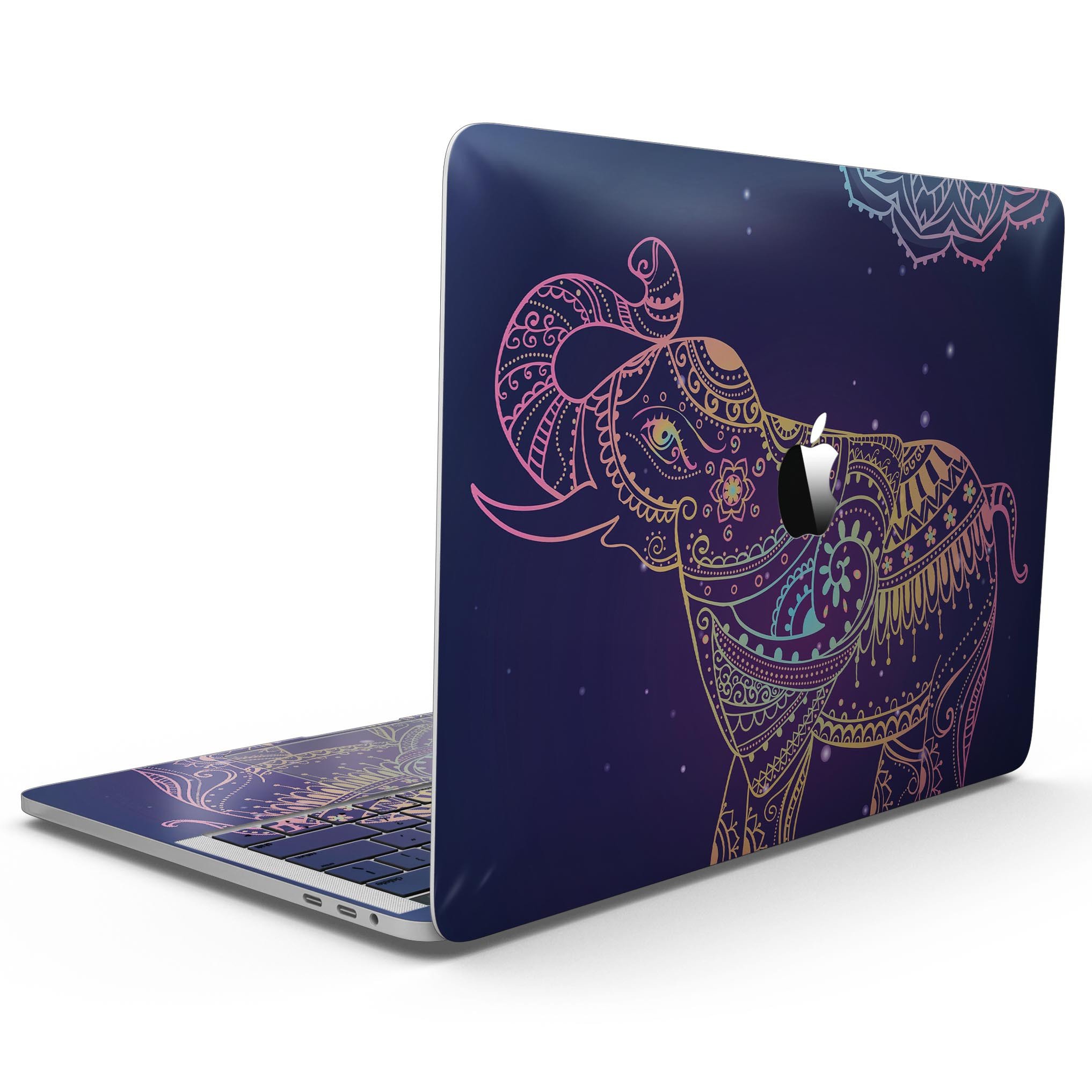 Colorful Sacred Elephant skin kit for MacBook Pro with Touch Bar, showcasing vibrant colors and intricate design.