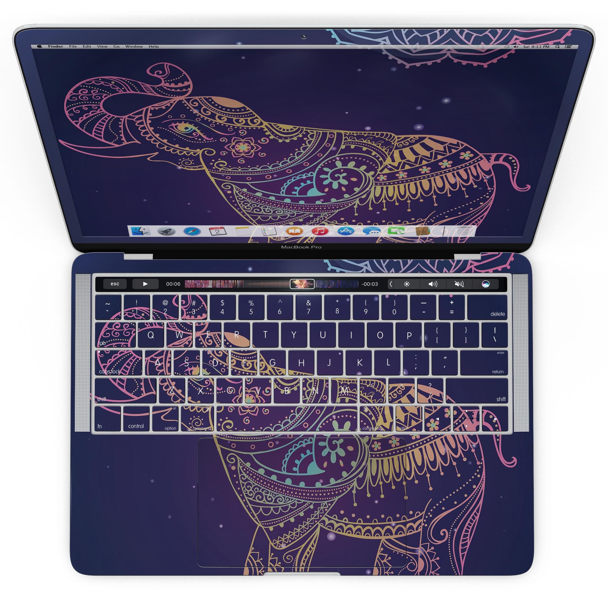 Colorful Sacred Elephant skin kit for MacBook Pro with Touch Bar, showcasing vibrant colors and intricate design.